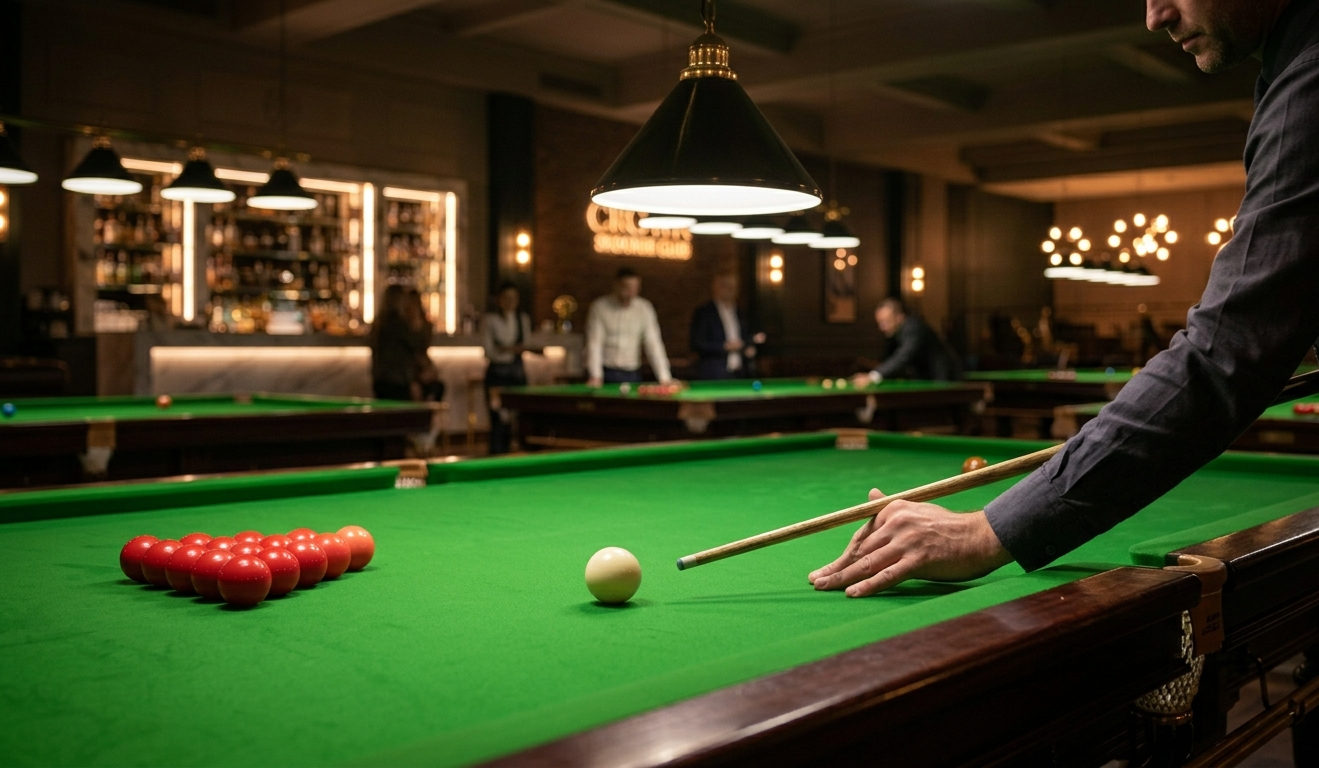 Snooker King the break shot - close-up cue strike on the rack at a modern members club bar