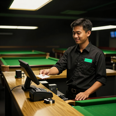 Snooker King counter operator handing a printed receipt across the service desk