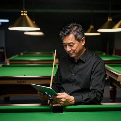 Snooker King owner reviewing branch revenue on a tablet inside his own snooker hall at night