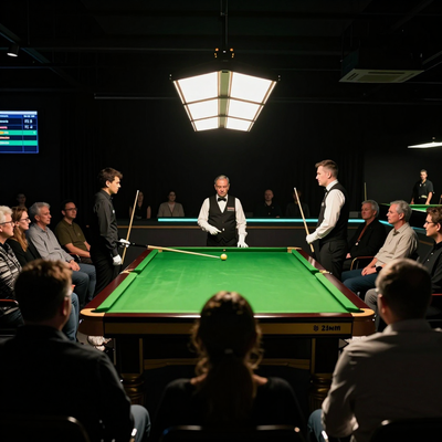 Snooker King tournament in progress with a referee, two players and a watching crowd