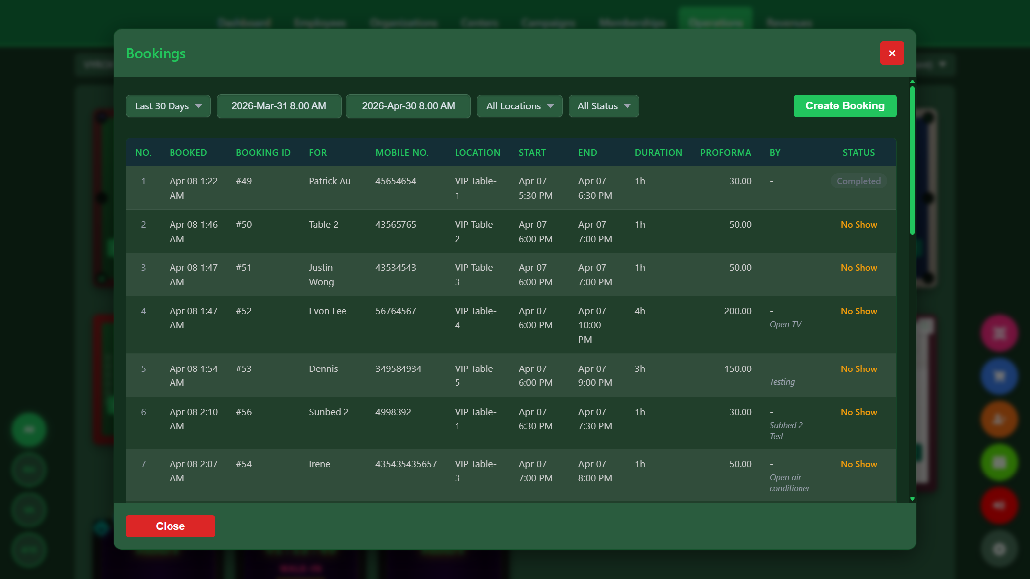 Snooker King table booking calendar - operator week view for managing reservations and avoiding double-bookings
