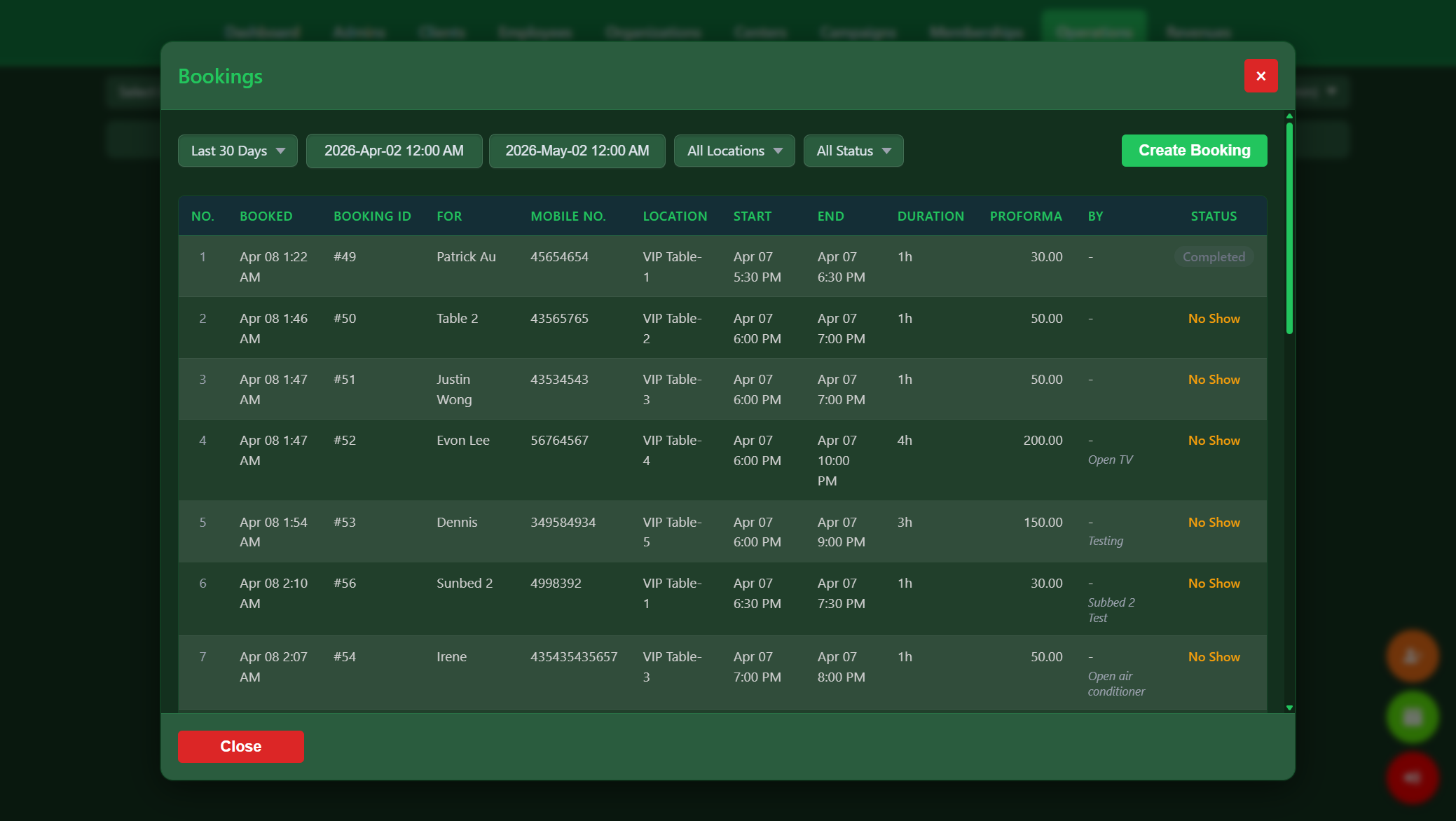 Snooker King booking management - date-range filtered view of last 30 days reservations with location, duration, proforma and status columns