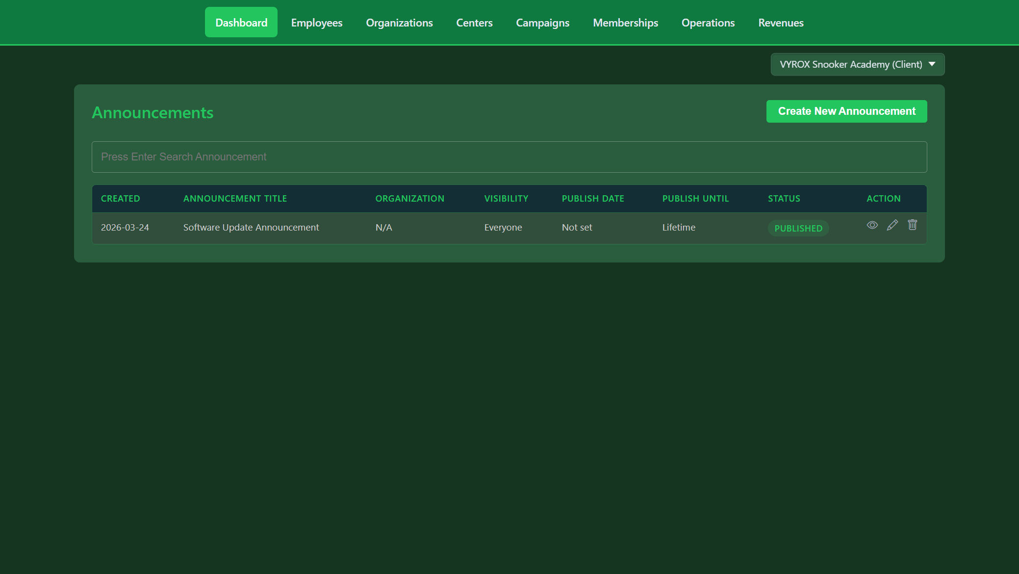 Snooker King announcements broadcaster - operators push priority messages to every member with publish-window control