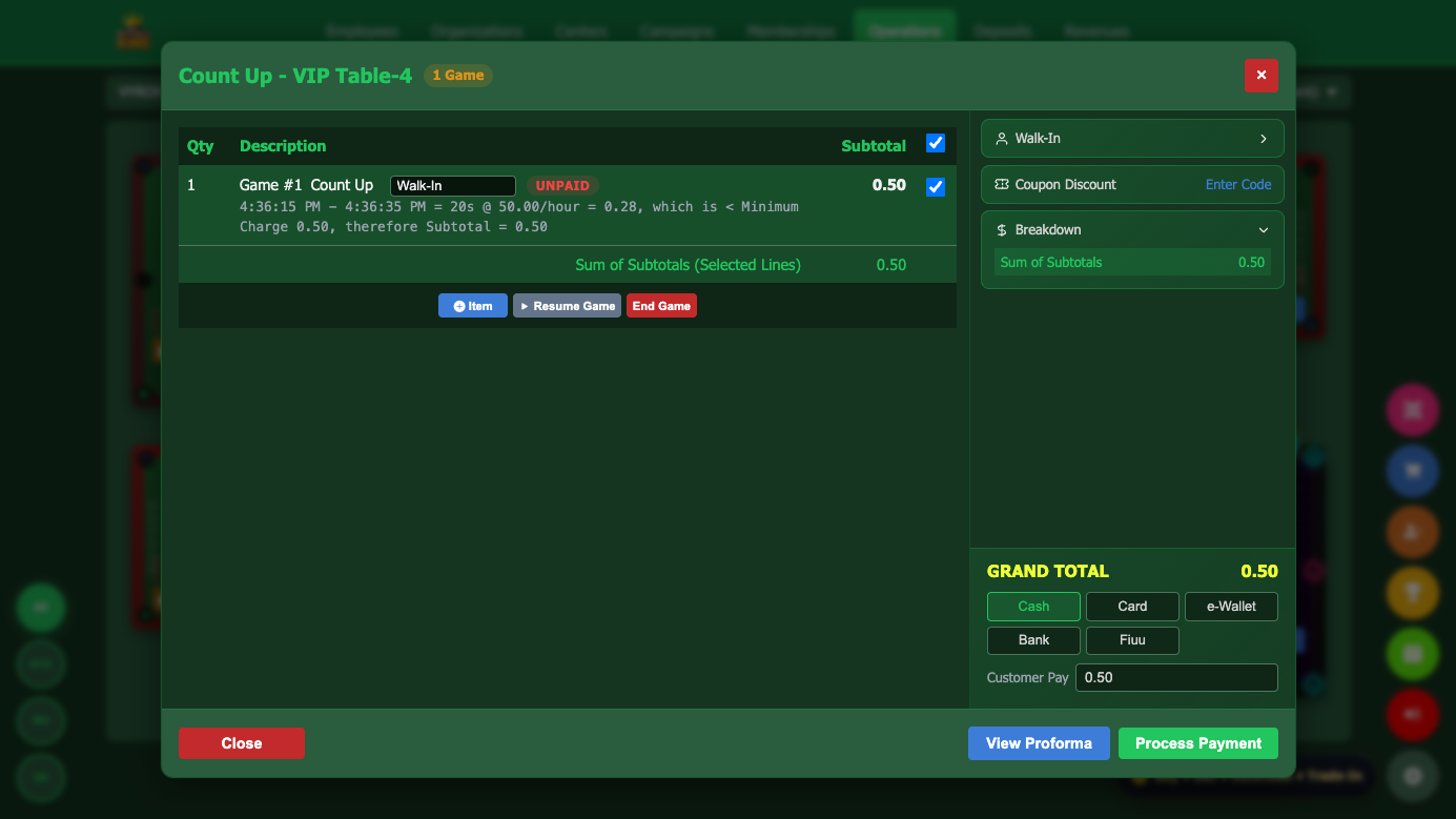 Snooker King true pause - frozen session timer, Resume Game button, and a single line item with one minimum charge, no double-billing for the operator