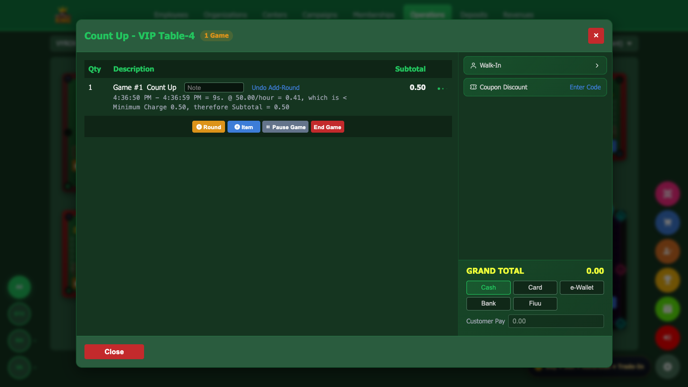Snooker King resume game - the same continuous billing session picks back up mid-game, timer running, no new invoice created