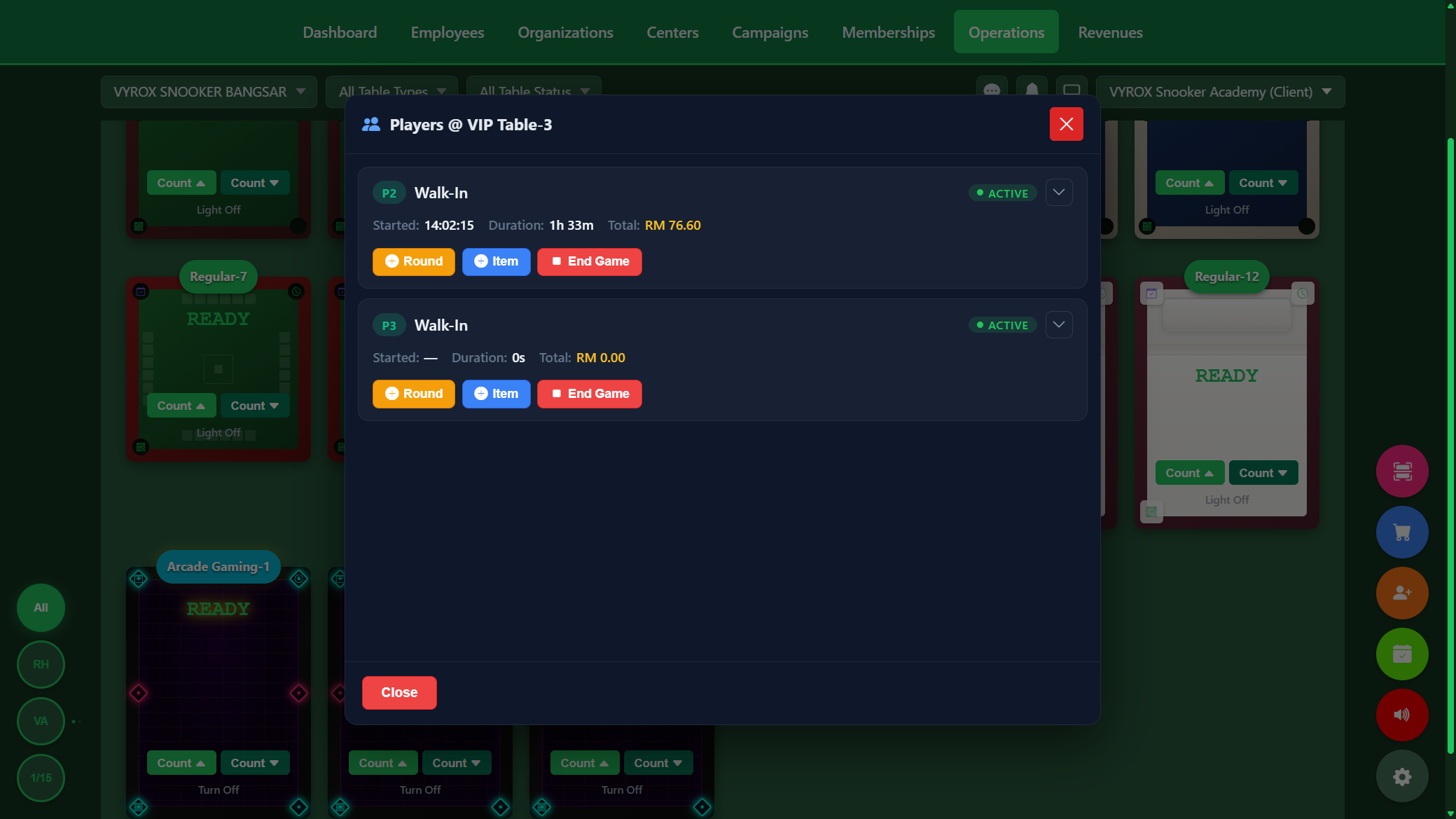 Snooker King multi-player session roster - operator's per-table list of every active player slot with running duration and revenue, plus +Round +Item and End Game actions per slot for sharp split-bill control