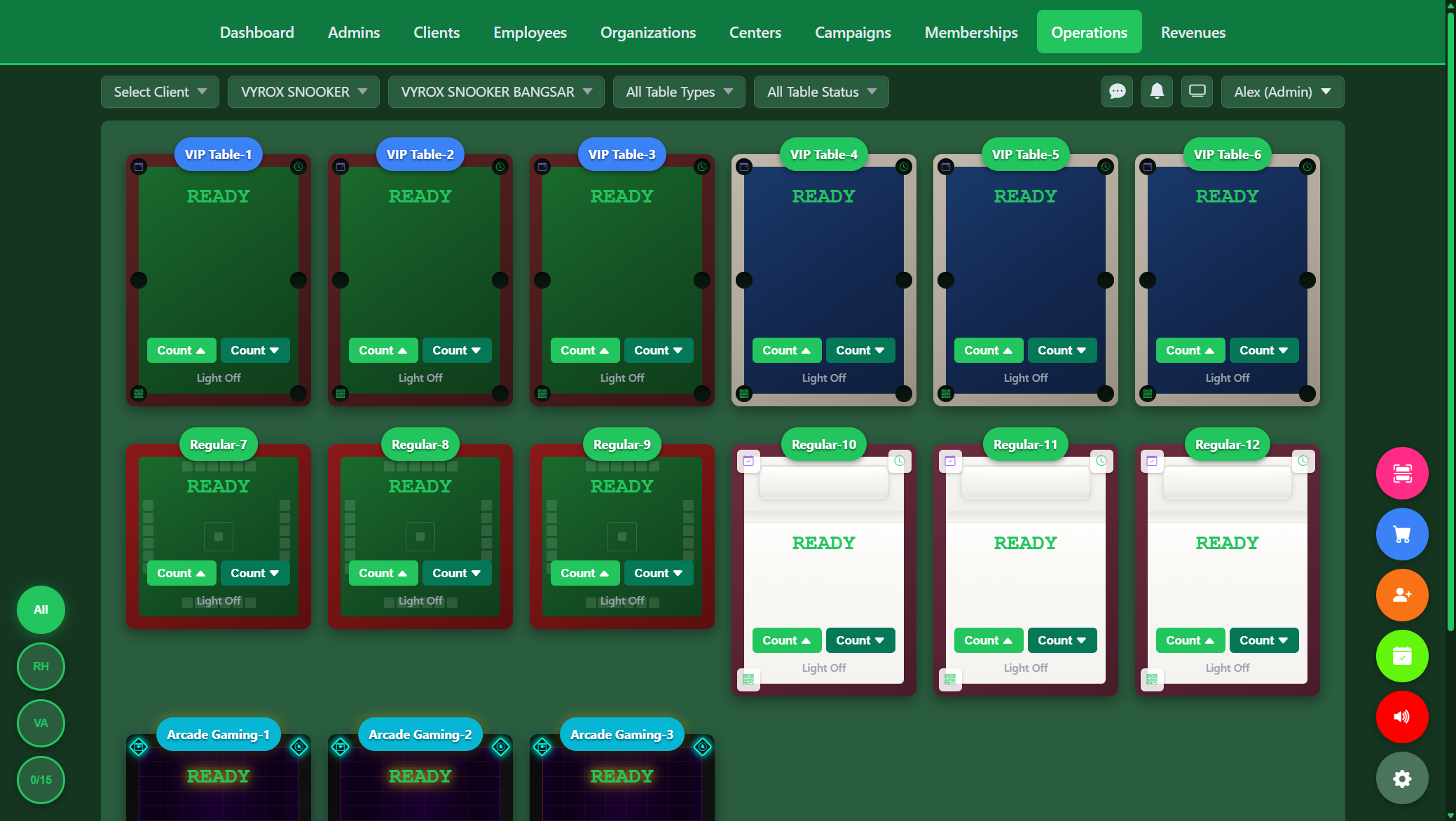 Snooker King operations cockpit - 15-table grid for VYROX SNOOKER BANGSAR with VIP Arena and Regular Hall zones, every table READY with countup and countdown buttons and IoT light status
