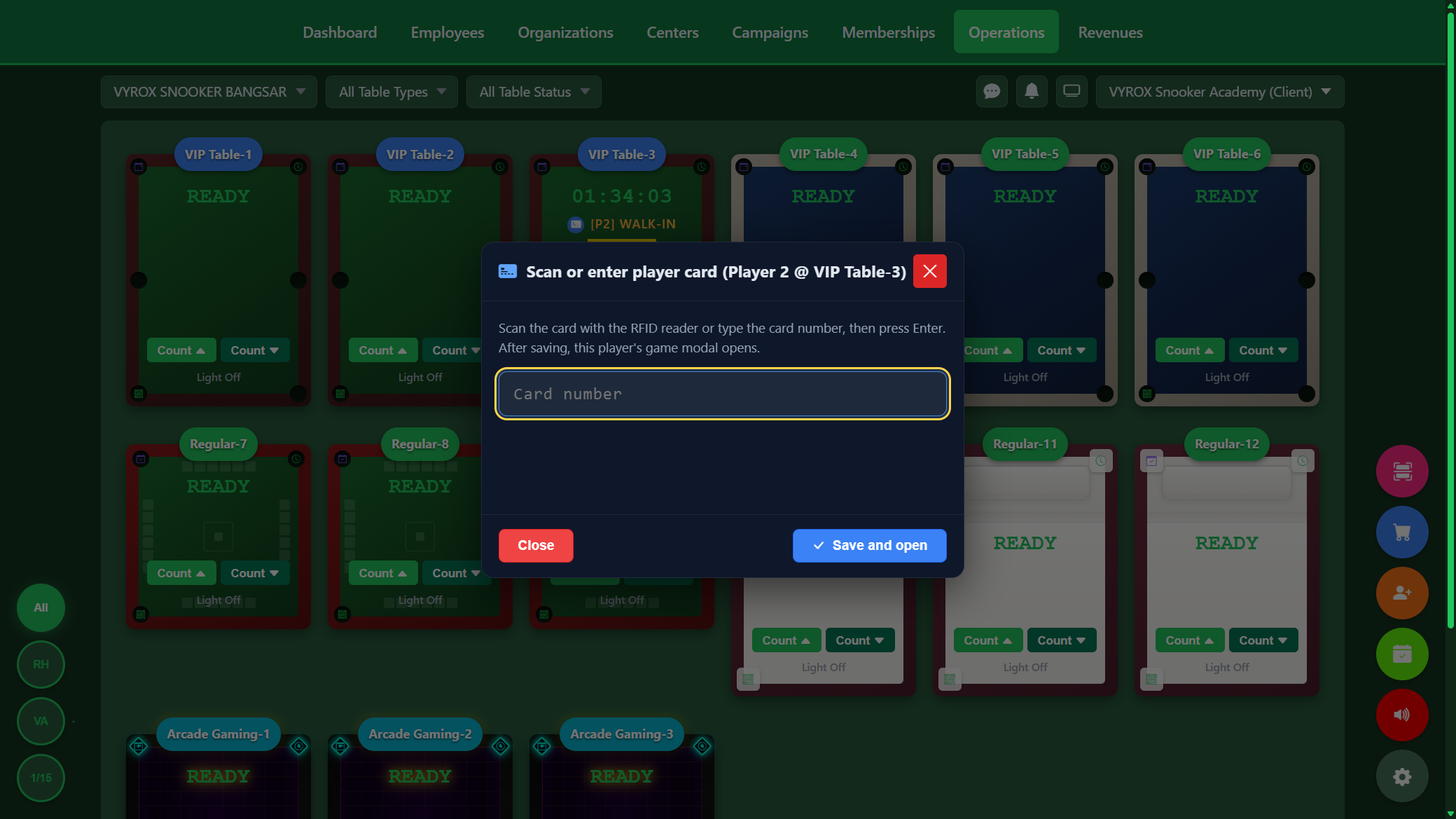 Snooker King per-player RFID card scan - operator binds a member card to a specific player slot in two seconds, every round and item routes straight to the right member's tab