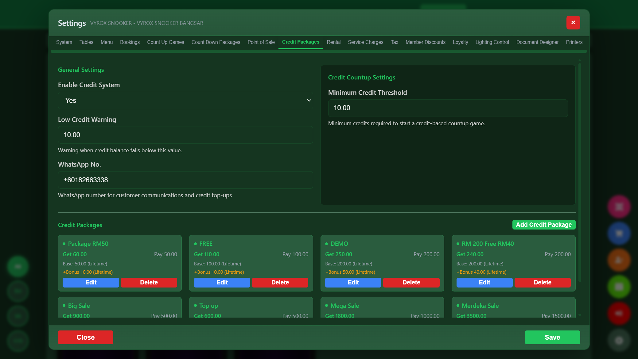 Snooker King wallet top-up tiers - FREE, DEMO, Big Sale, Mega Sale, Merdeka Sale with bonus credit ratios