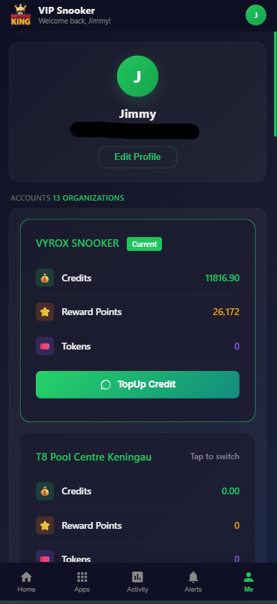 Snooker King member app wallet - operators see members topping up credit straight from mobile, reducing front-desk queues