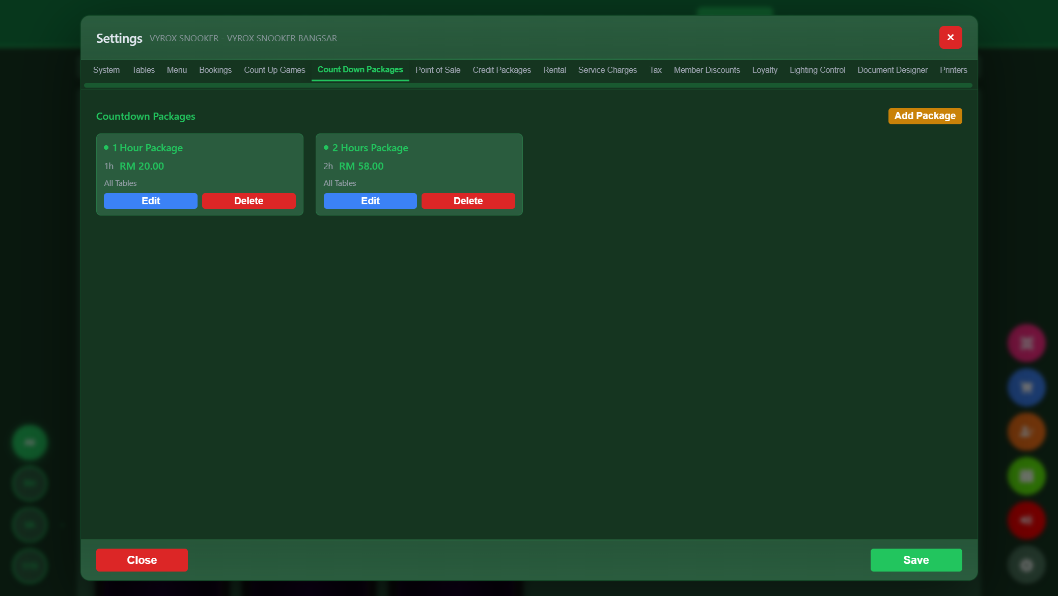 Snooker King countdown packages - 1 hour and 2 hour prepaid play tiers for the venue owner