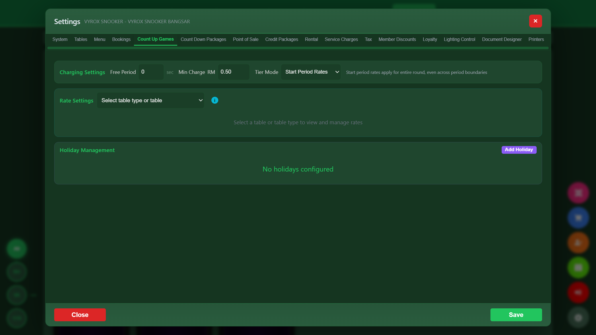 Snooker King dynamic pricing - free period, minimum charge, tier modes, holiday calendar for revenue uplift