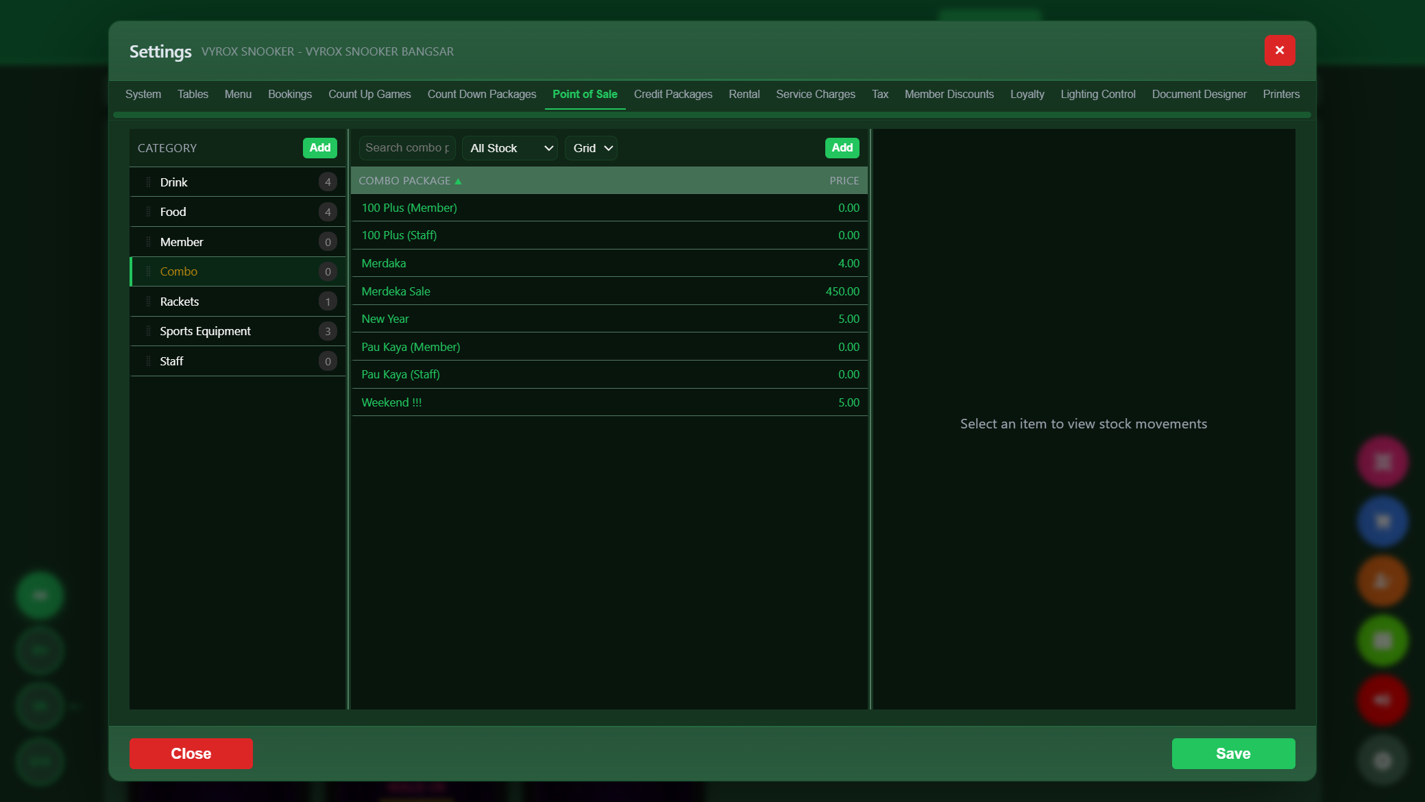 Snooker King POS combo and bundle management - category list with item counts, stock filters and grid view for menu organization
