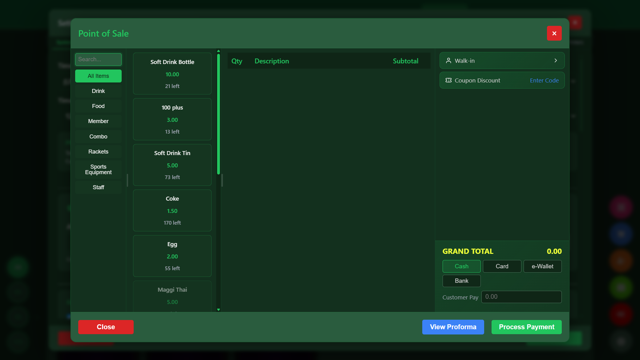 Snooker King POS and F&B checkout - 8 categories, Cash, Card, e-Wallet, Bank, coupon discount in one tender