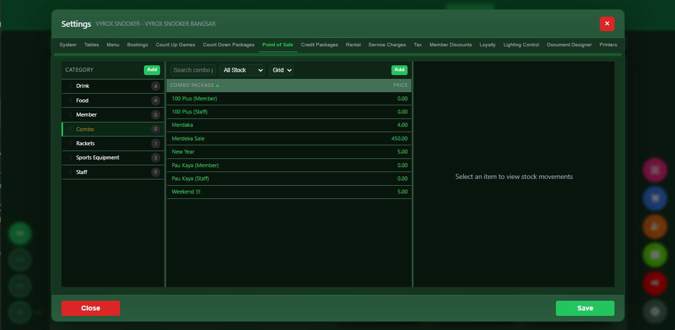 Snooker King combo package display - operator front-of-house view for upselling combos at checkout