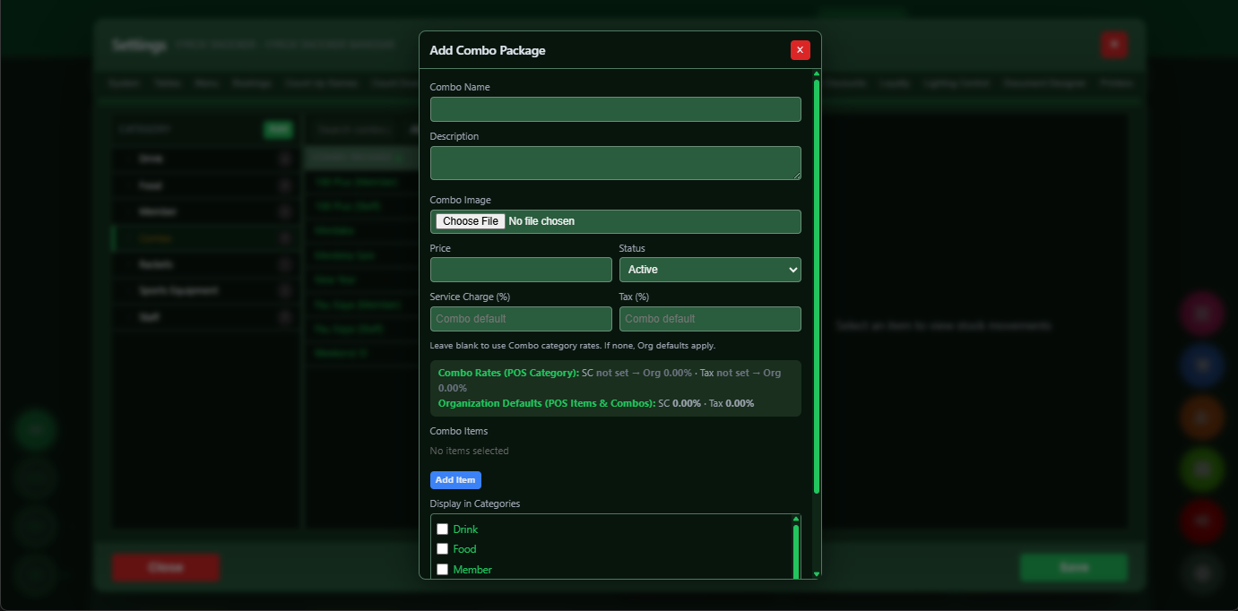 Snooker King F&B combo setup - operators configure cue + drink + snack bundles with margin controls