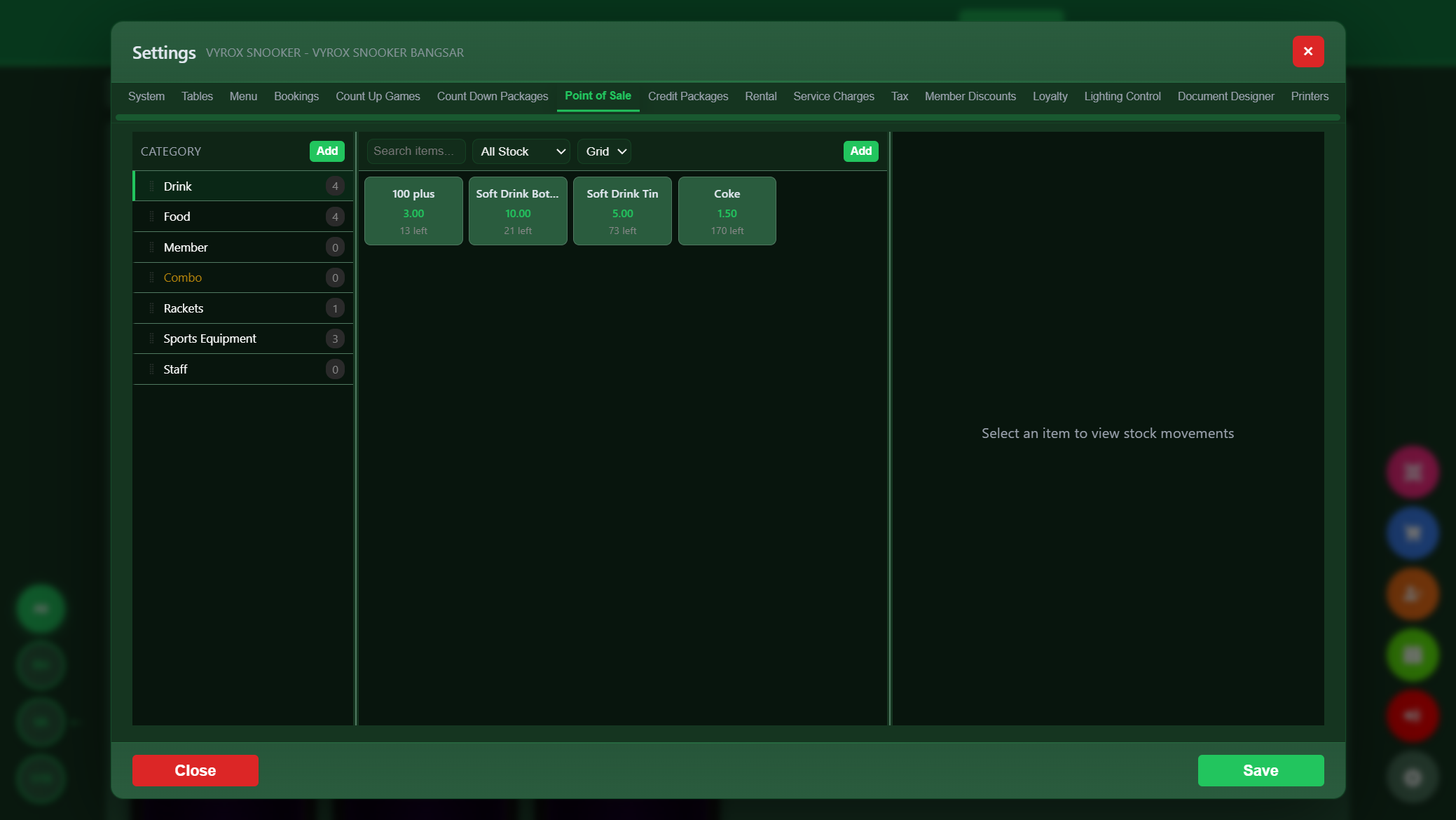Snooker King inventory grid - Drinks, Food, Rackets, Sports Equipment with live stock counts and movement audit