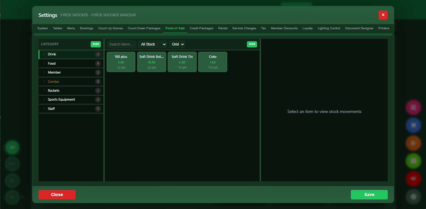 Snooker King inventory balance - owner view of every cue, ball, drink and consumable with current stock levels