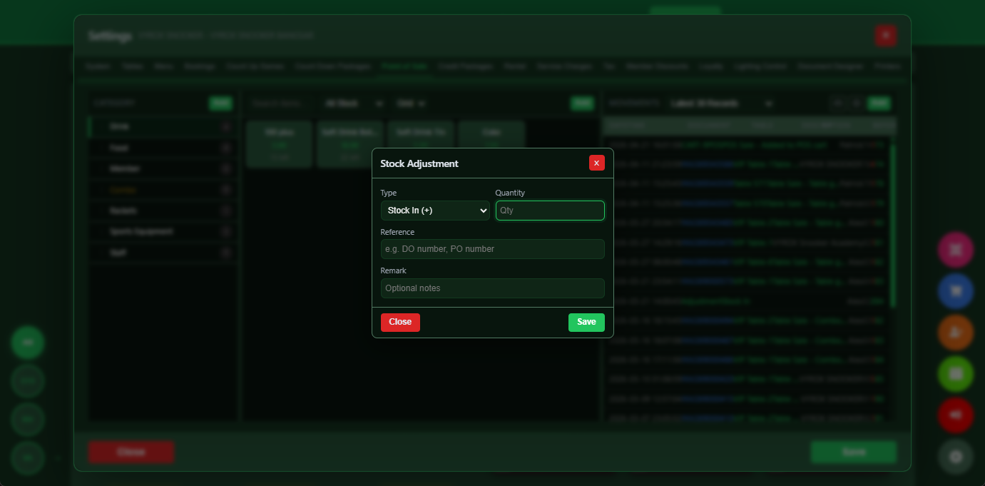 Snooker King stock adjustment - operator records breakage, shrinkage and re-counts with full audit trail