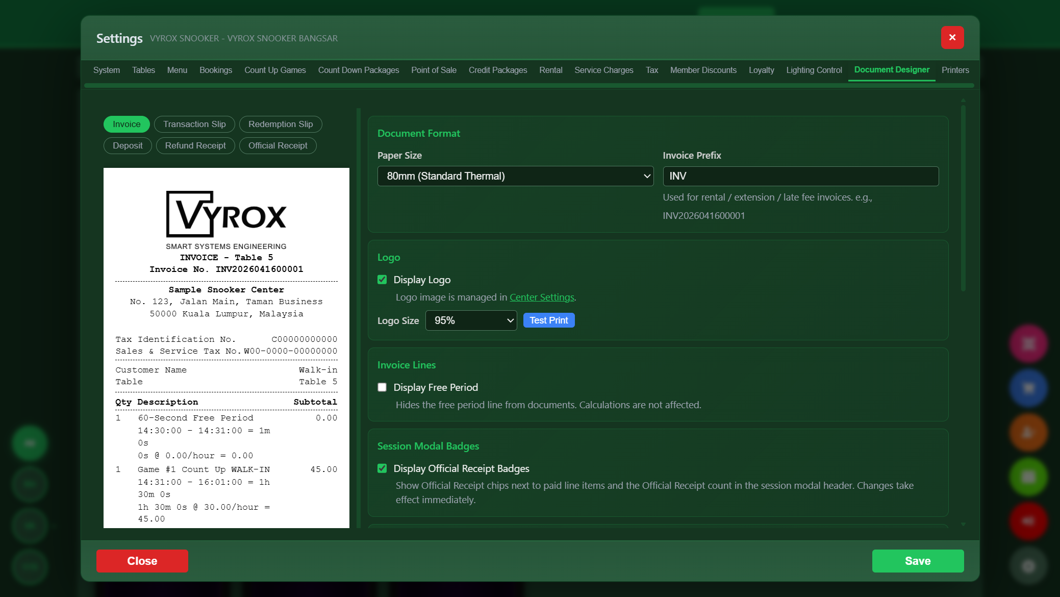 Snooker King document designer - visual editor with live invoice preview, SST, service charge, change calculation