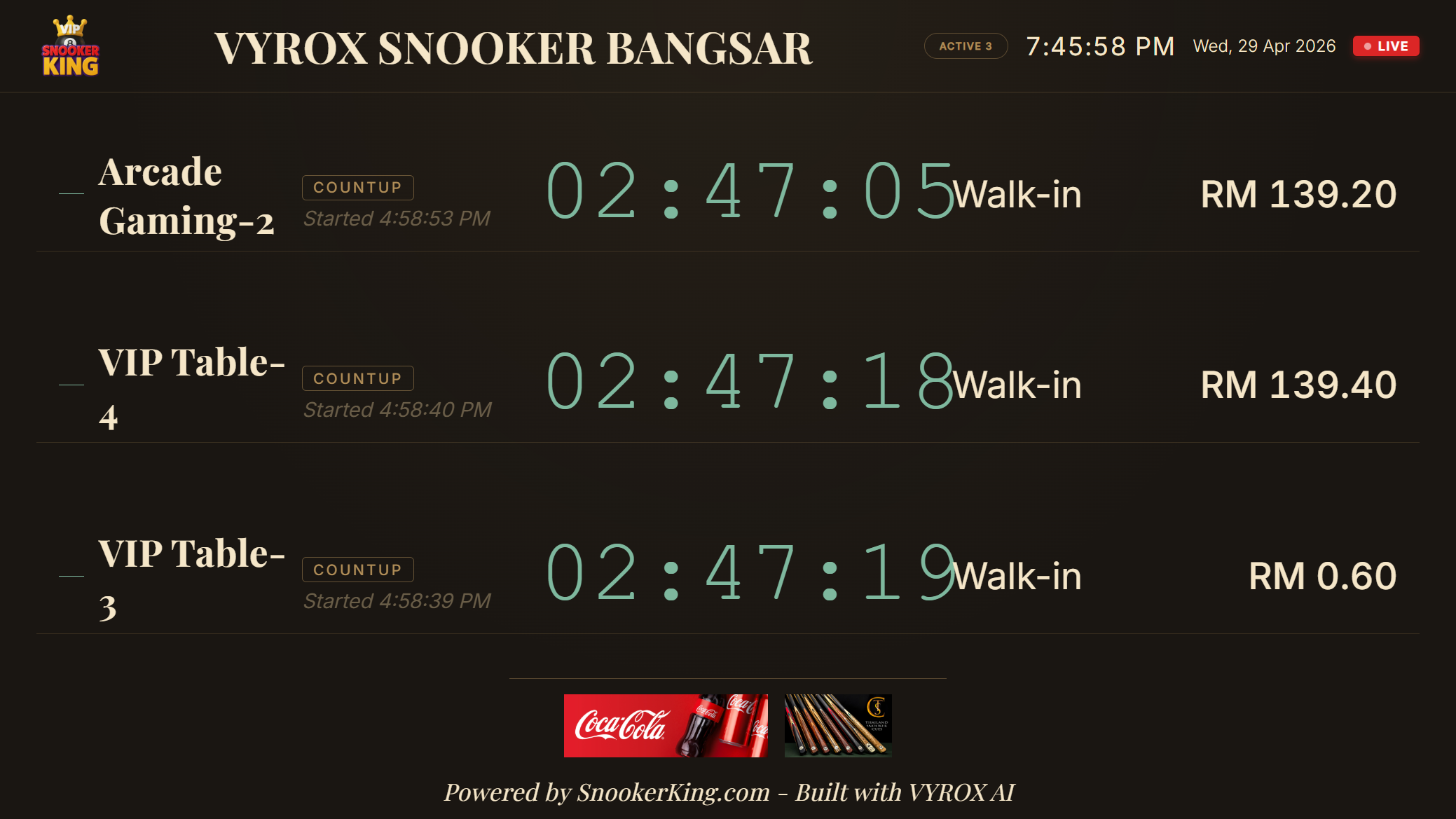 Snooker King Live Table Monitor - branded scoreboard with live session timers, table names and running totals on the lounge wall display