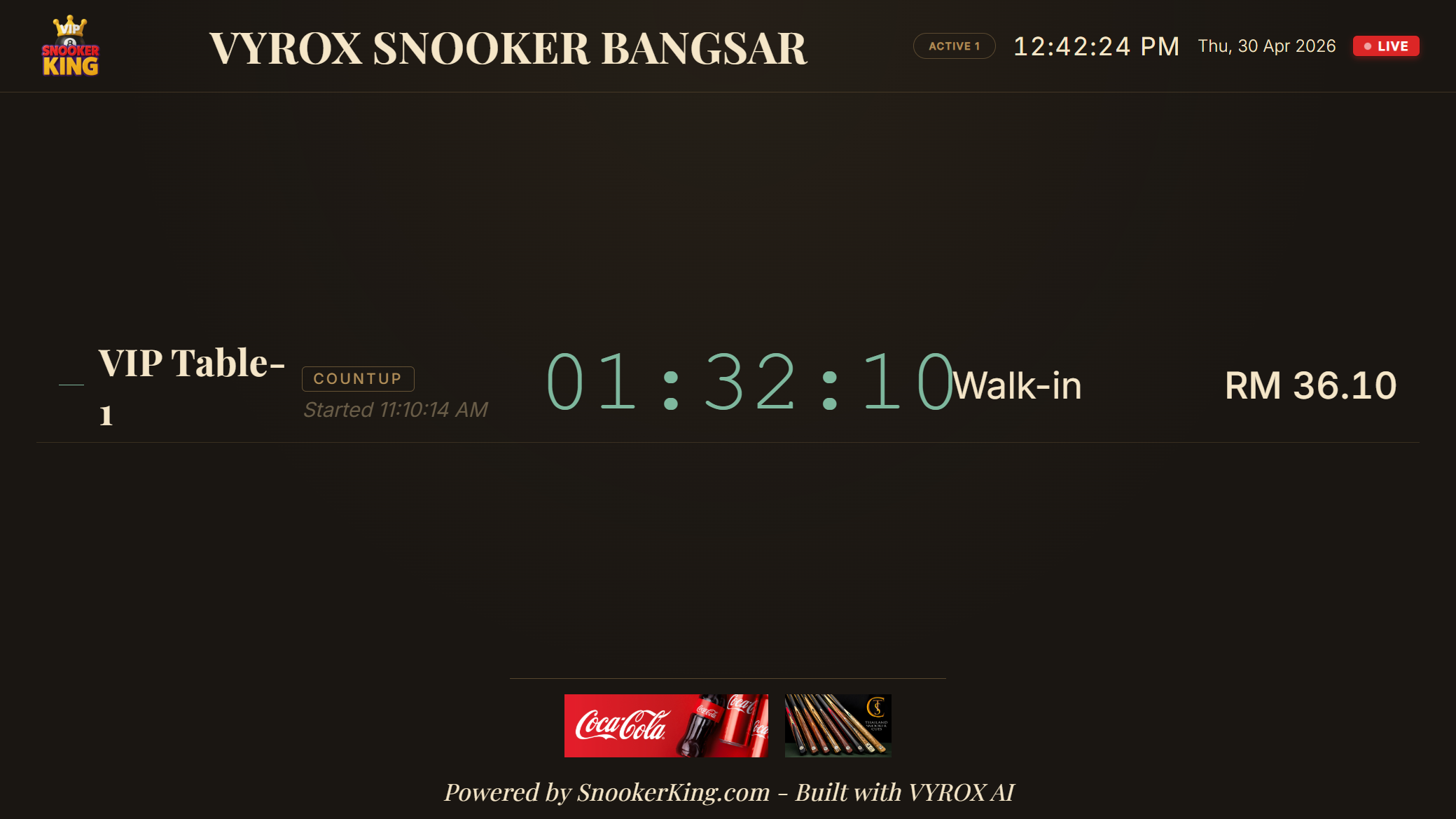 Snooker King Live Table Monitor - branded venue header, live timer, sponsor footer for the customer-facing wall display