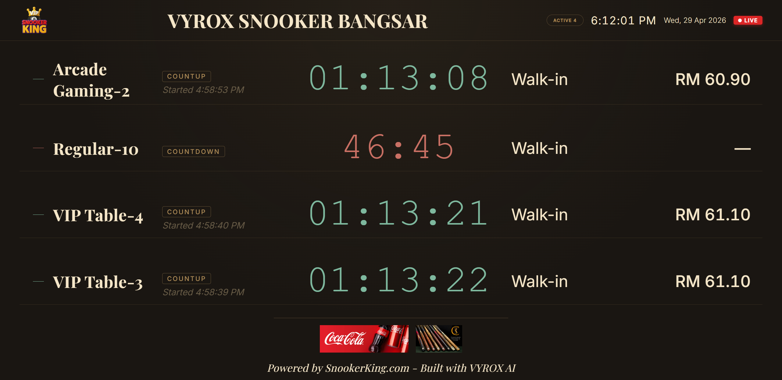 Snooker King Live Table Monitor - branded venue video wall showing 4 active sessions, walk-in customers and timer readout at 1920x1080 for the lounge wall