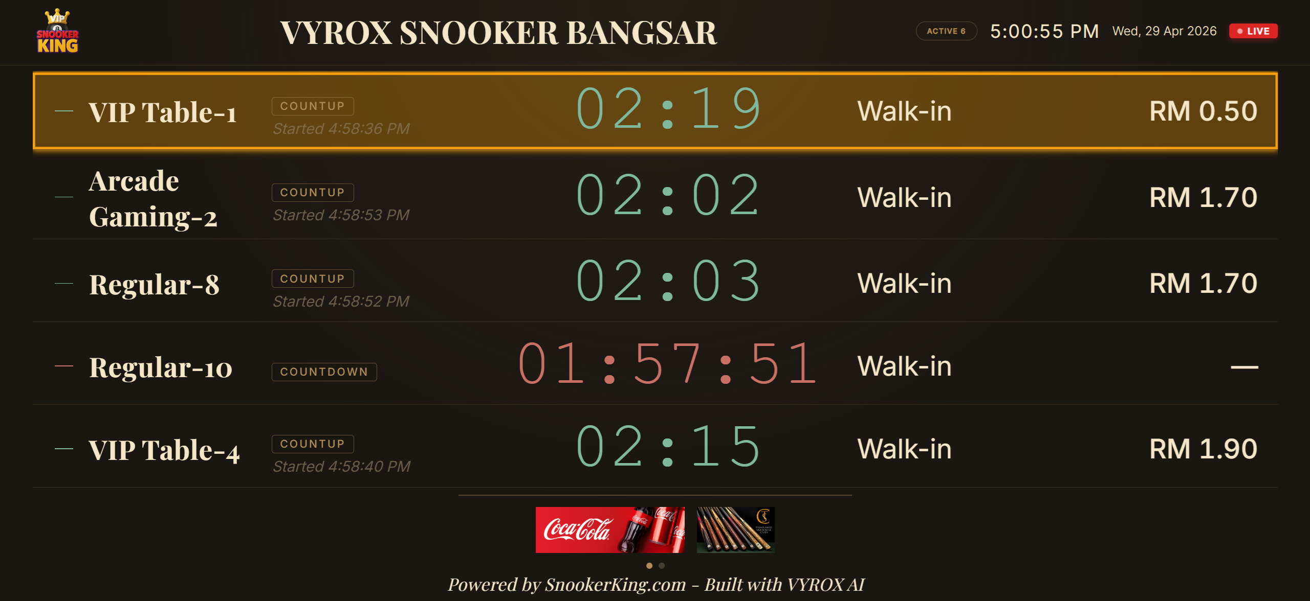 Snooker King Live Table Monitor - multi-table grid layout showing 8+ tables with timers and customer details