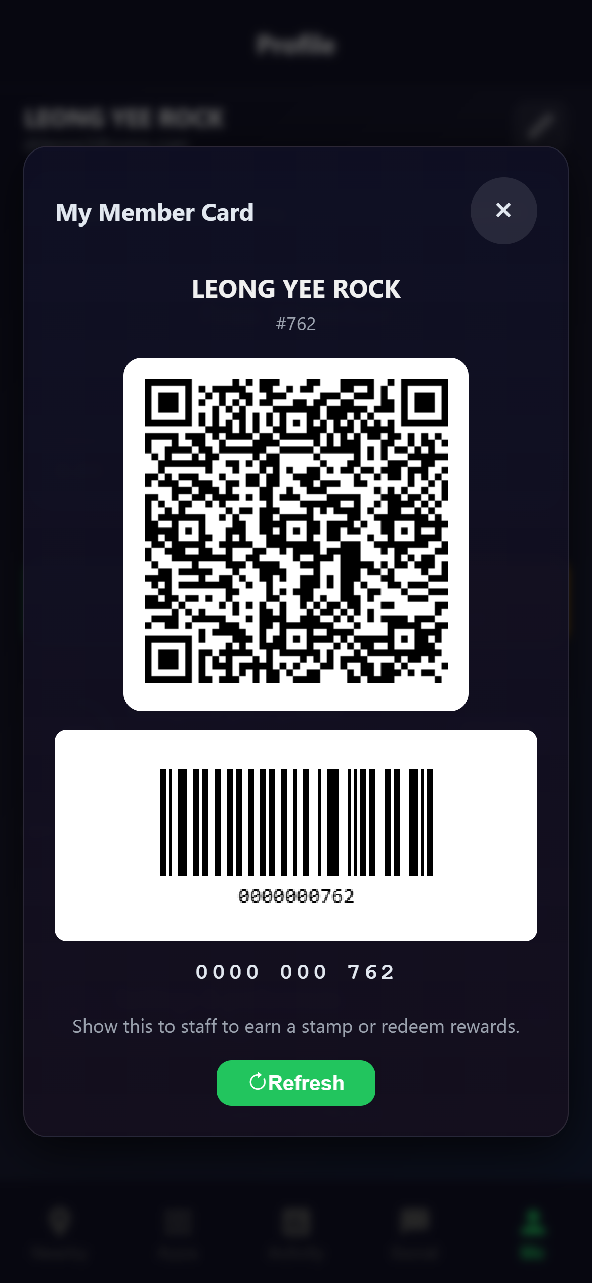 Snooker King digital member card - barcode for handheld laser scanners with the member ID and instant rewards