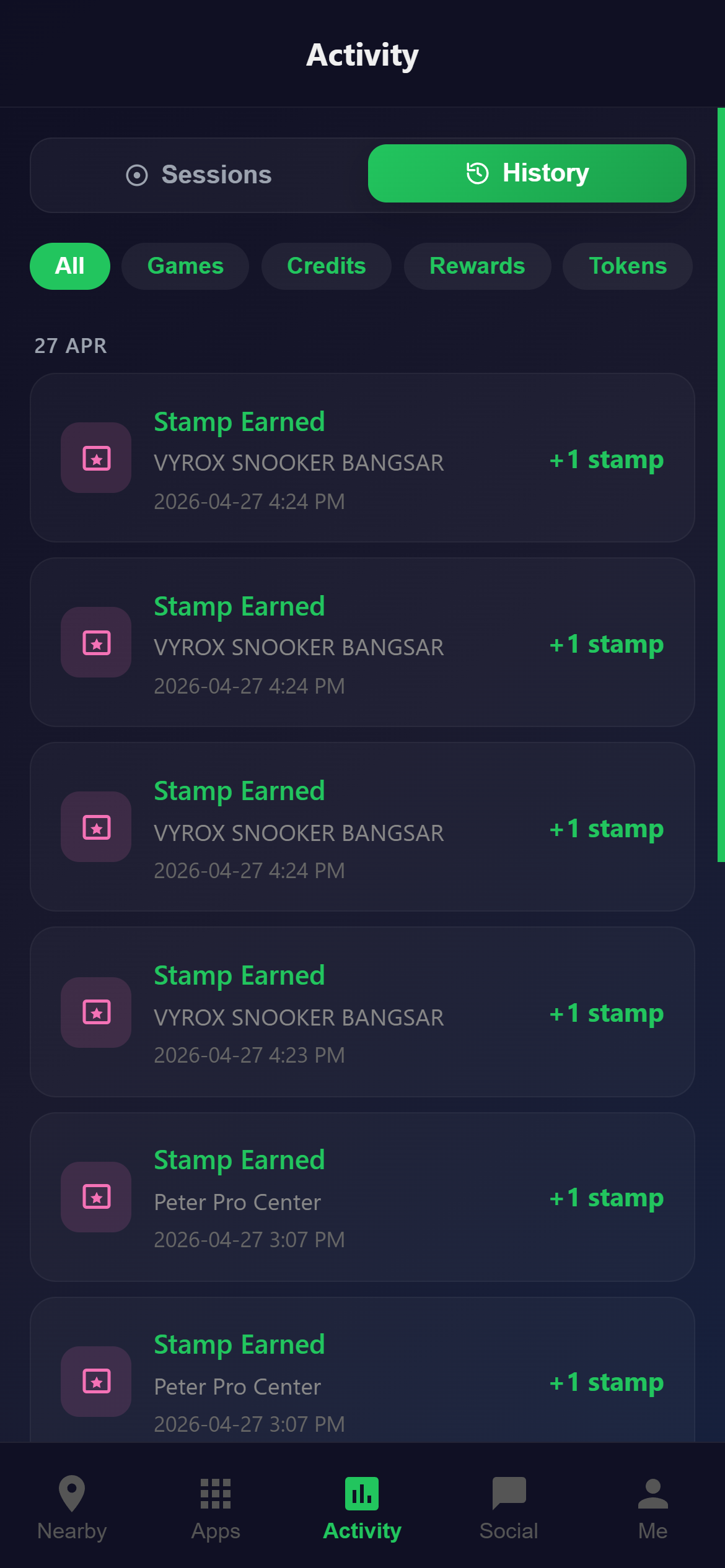 Snooker King member activity history - stamps earned, points earned, paid sessions across centers