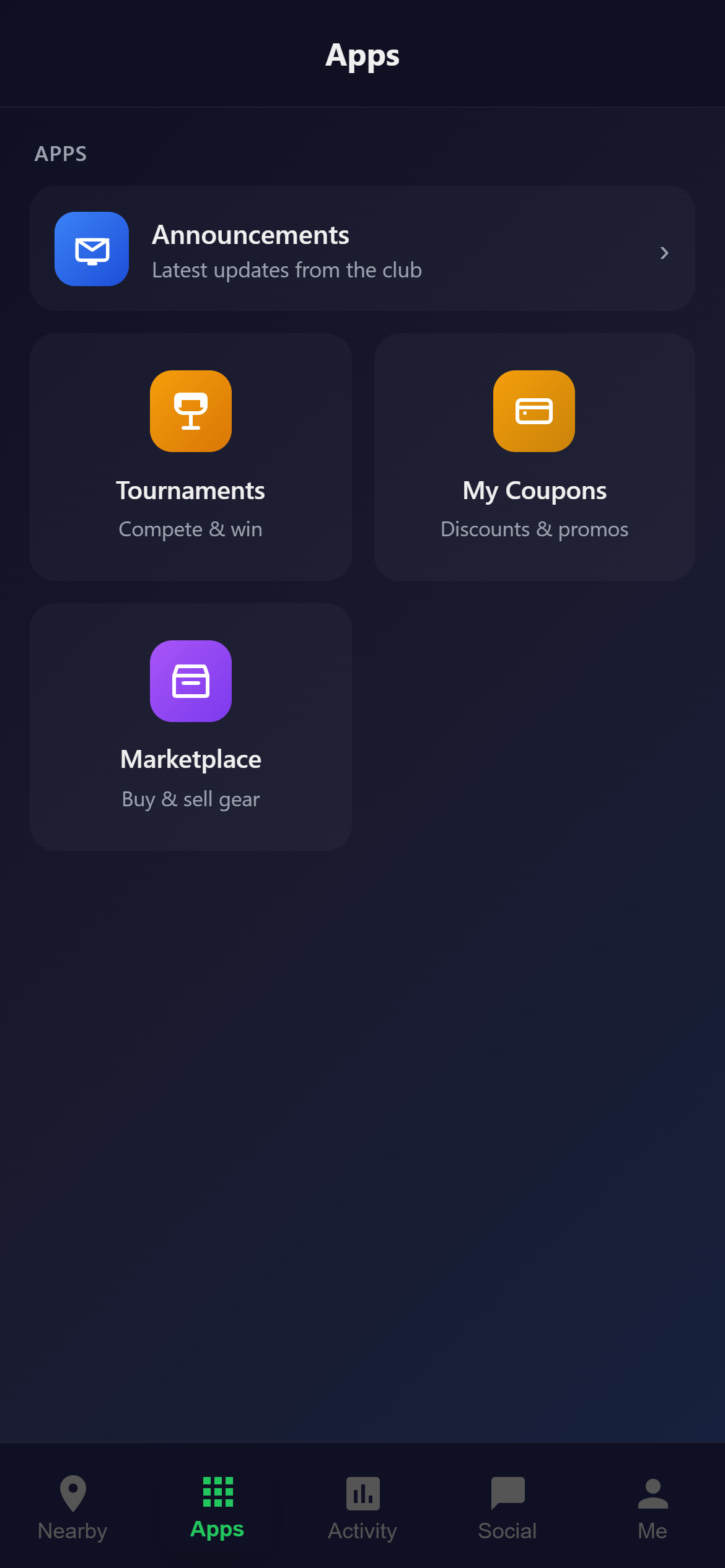 Snooker King member apps tab - Announcements, Tournaments, Coupons, Marketplace in one mobile hub