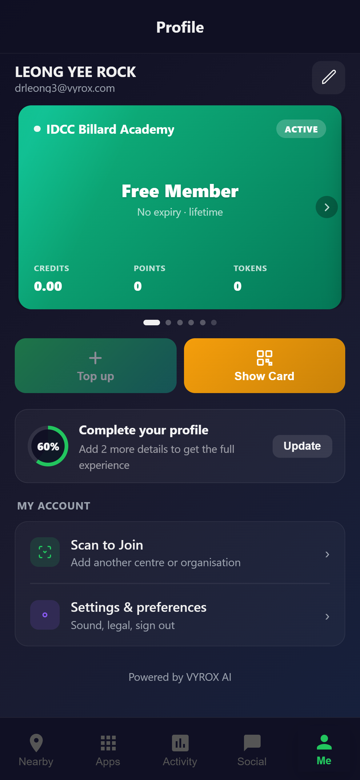 Snooker King member mobile profile - 5 active club memberships, points, credits, tokens cross-organization
