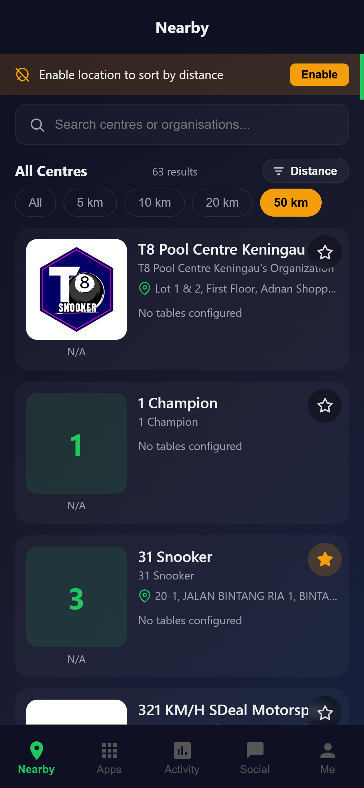 Snooker King mobile app nearby tab - 63 venues with distance filters and favourite toggles for the member
