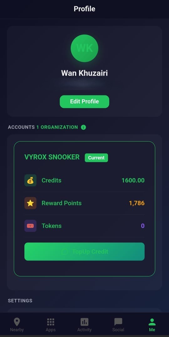Snooker King member wallet detail - operator-issued credit and bonus broken down so members trust every cent