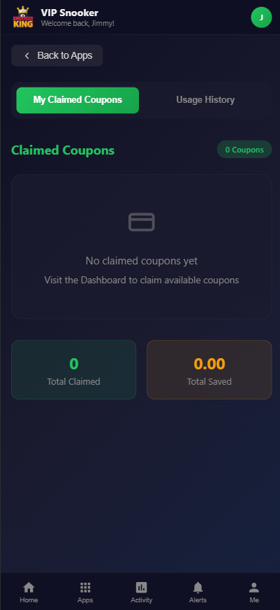Snooker King coupon claim - operators distribute campaigns directly into the member app, no printed flyer needed