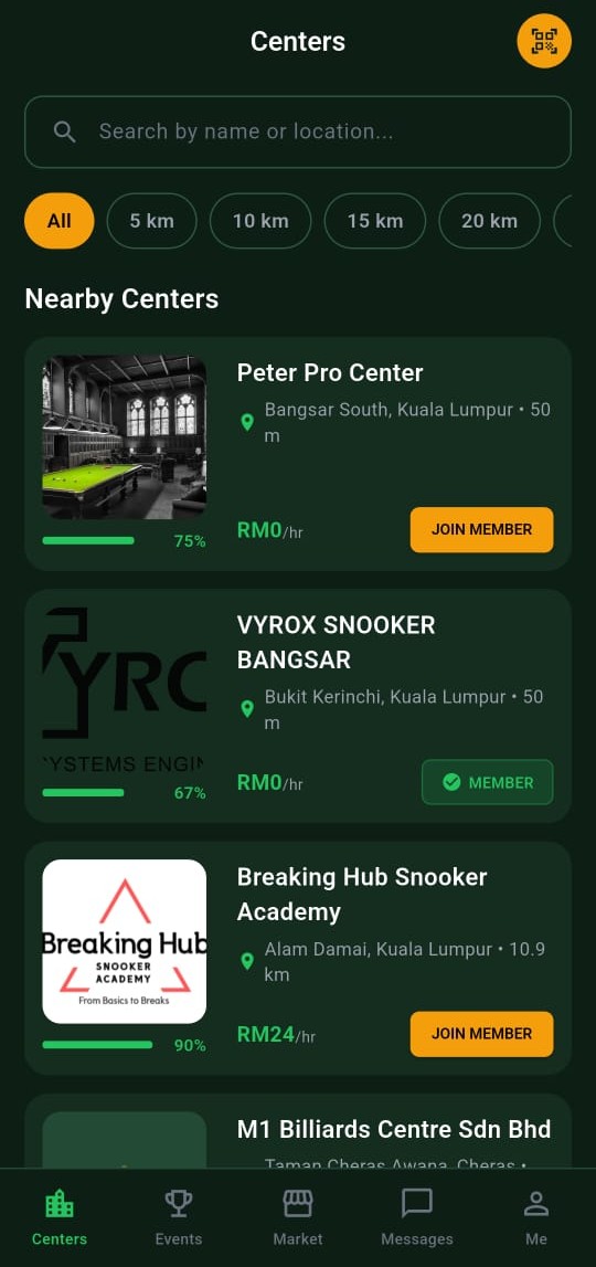Snooker King nearby centre listing - operator network attracts walk-ins by surfacing every branch on the map
