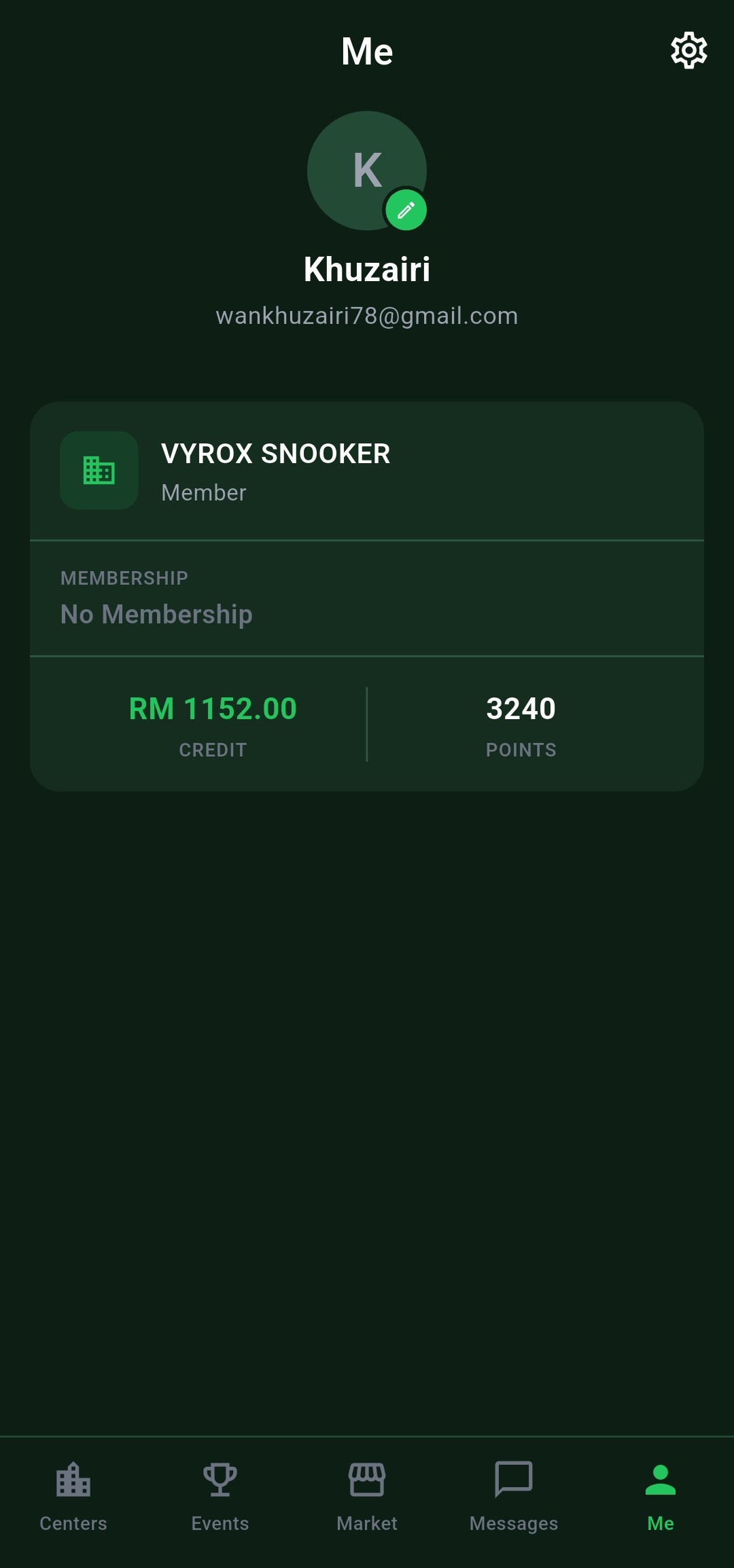 Snooker King member app personal dashboard - operator-branded home screen with hours played, credit balance and tier