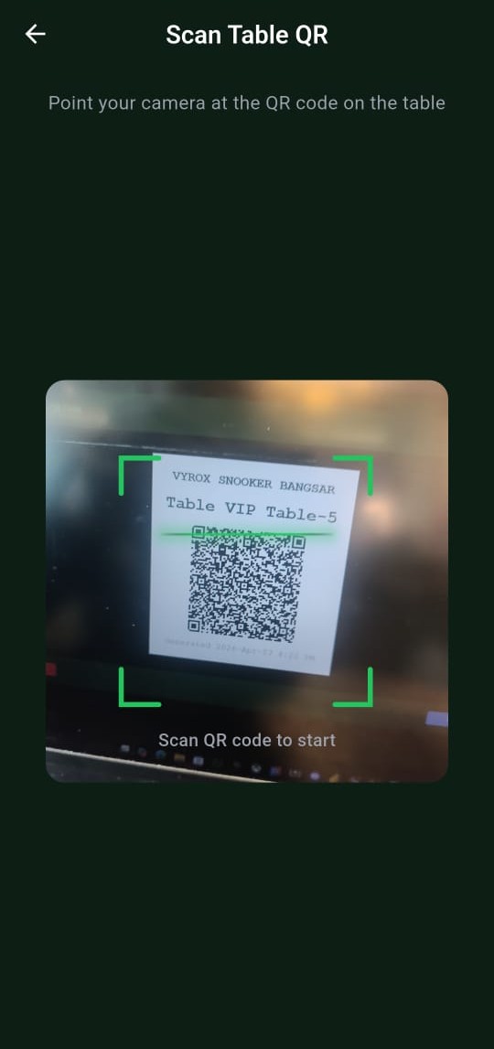Snooker King quick QR scan - operator-grade table check-in flow that members complete in under five seconds