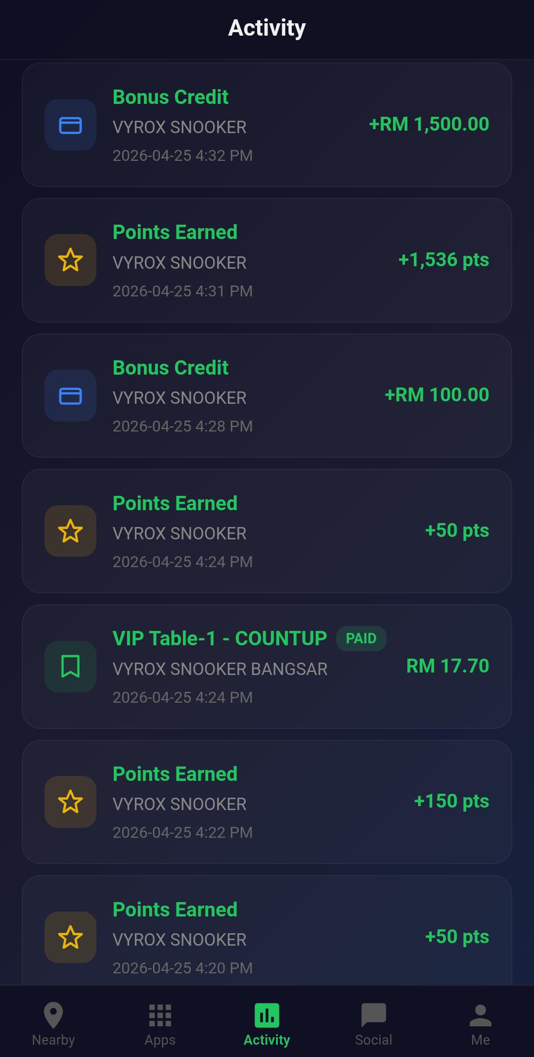 Snooker King session history list - operators give members a self-service record of every visit, reducing front-desk queries