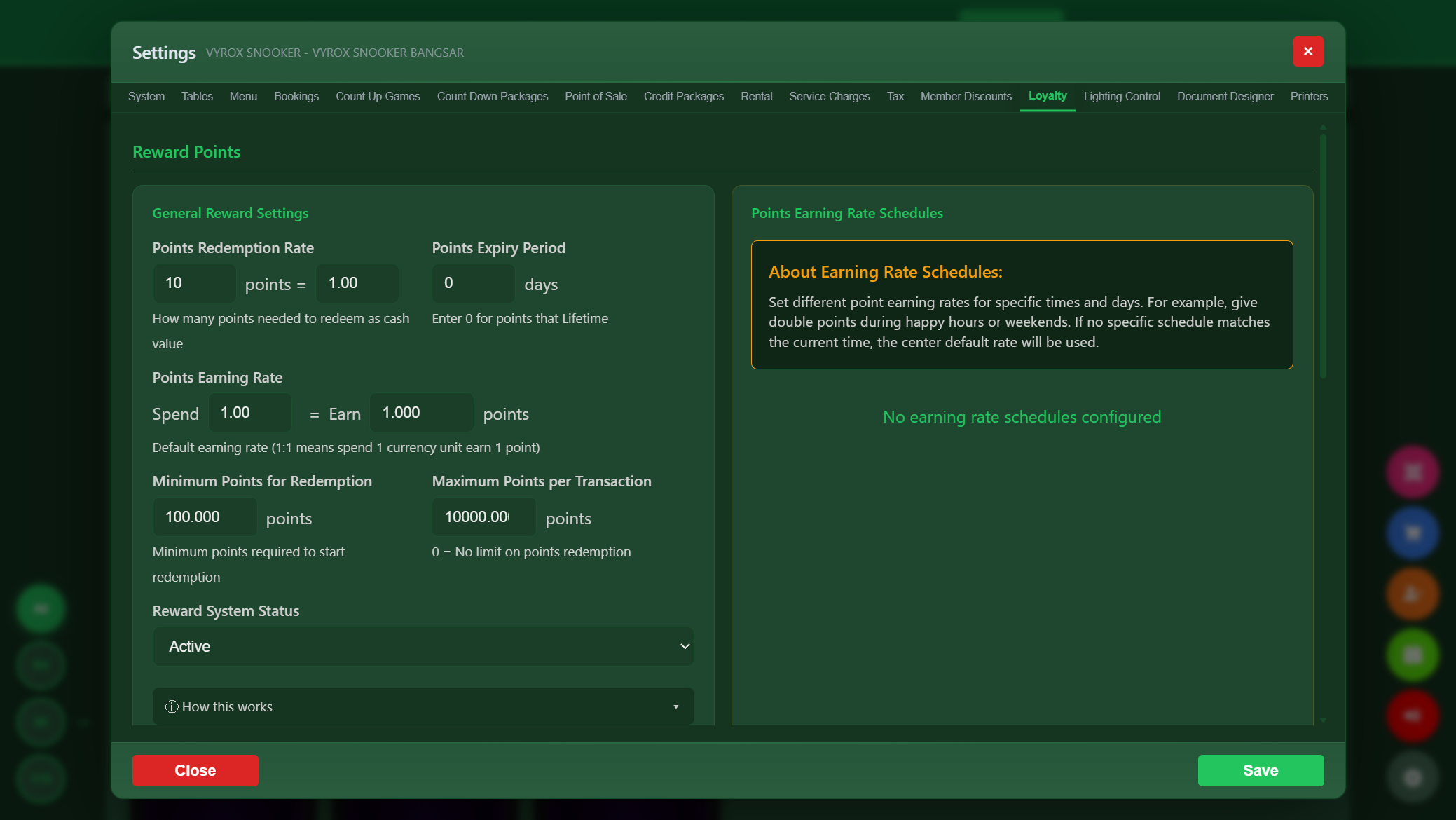 Snooker King loyalty engine - points redemption rate, per-stream multipliers, stamp card rules for the operator
