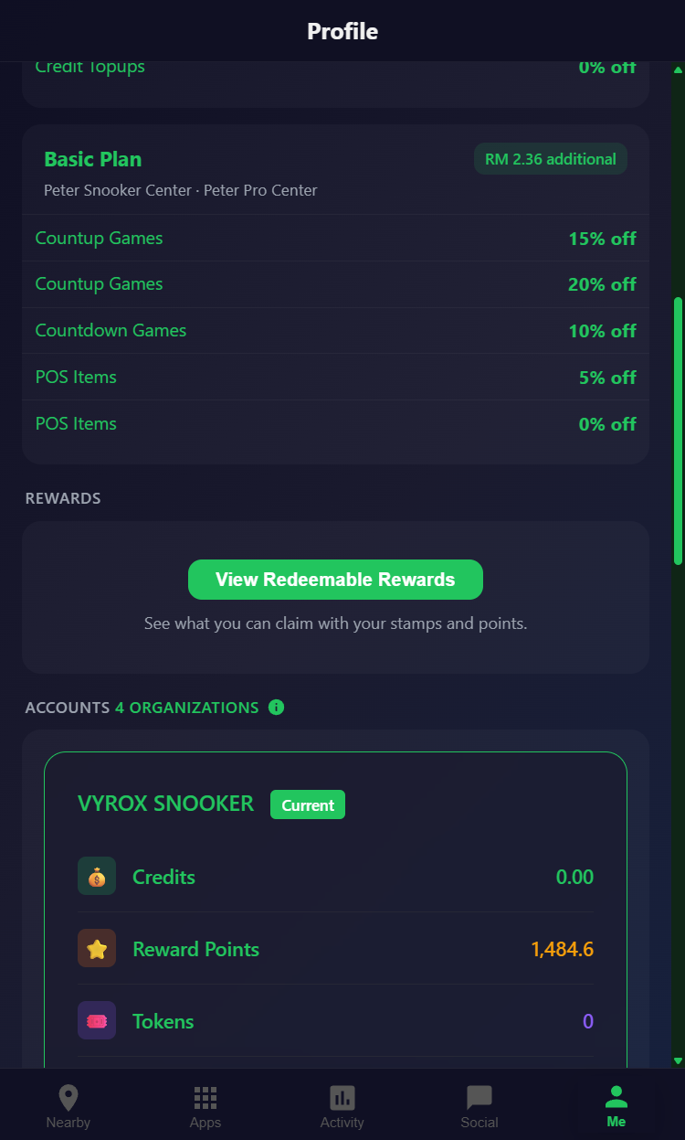 Snooker King member portal tier benefits - operator-configured perks displayed in member mobile app