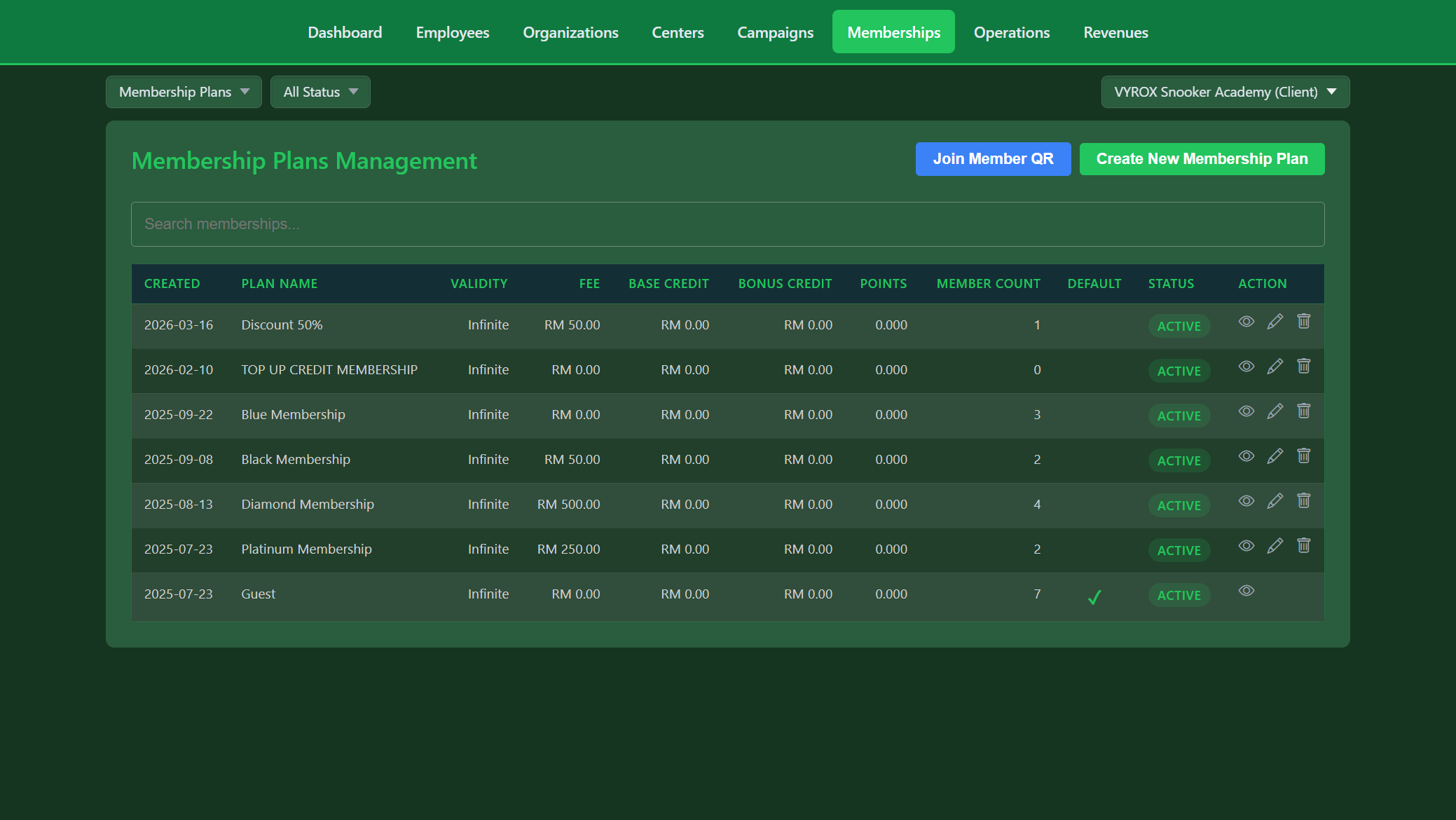 Snooker King membership tier engine - Black, Diamond, Platinum, Blue plans with per-tier member counts and base credits