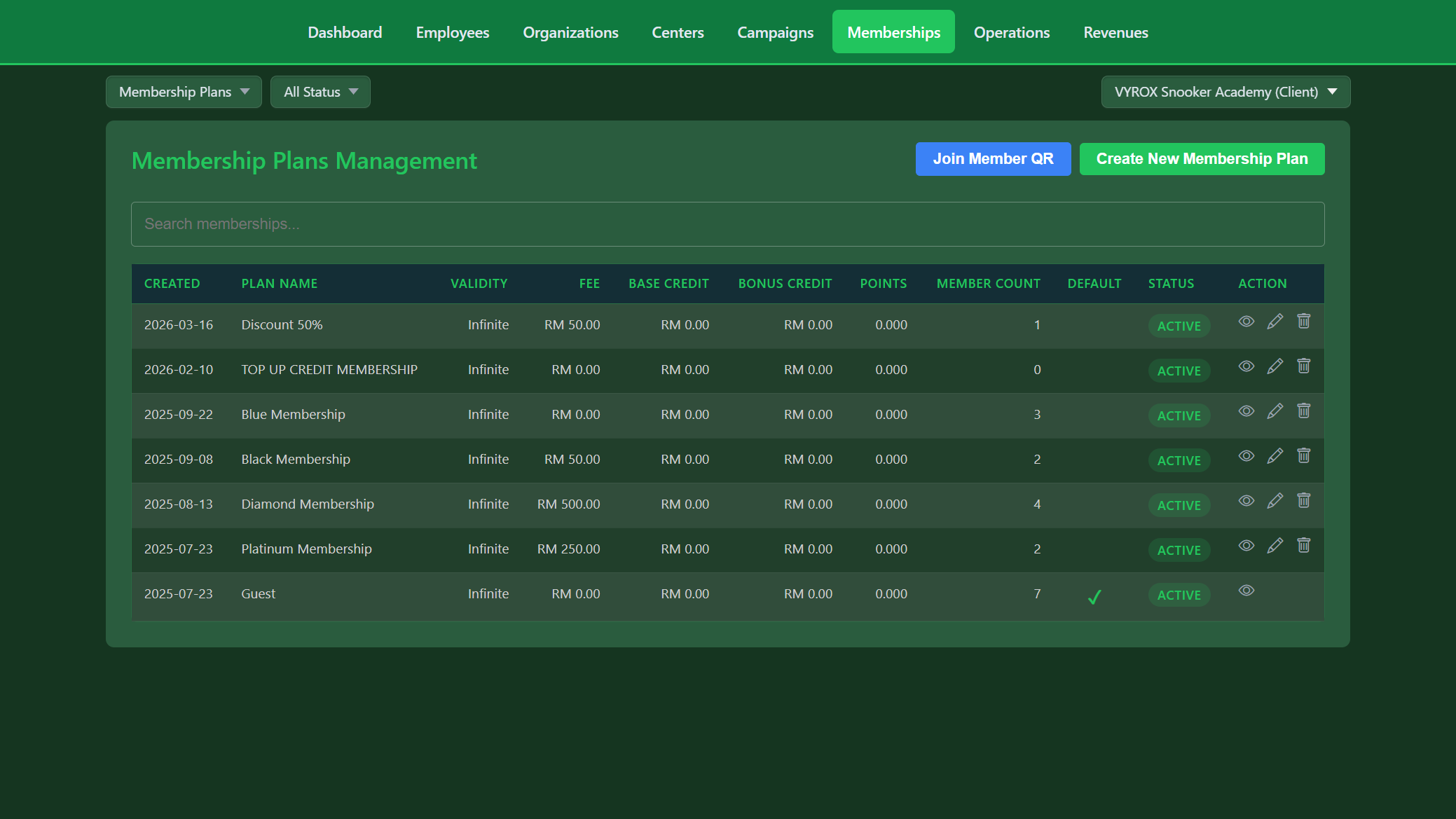 Snooker King membership tier plans - operator dashboard showing Guest/Black/Blue/Diamond/Platinum plans with pricing, base credit, bonus credit and member counts