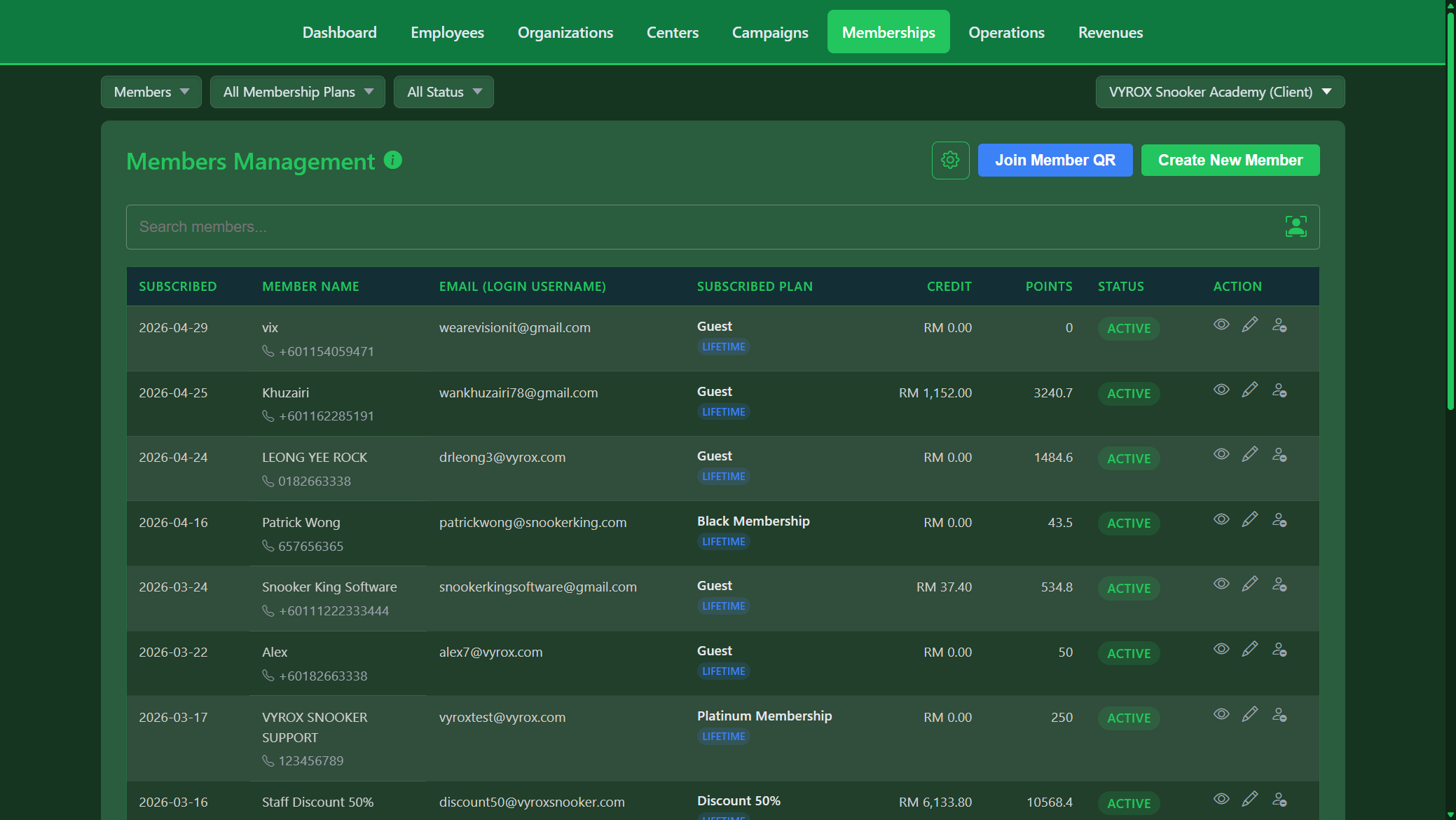 Snooker King member database - credits, points, lifetime spend per member for the operator's retention dashboard