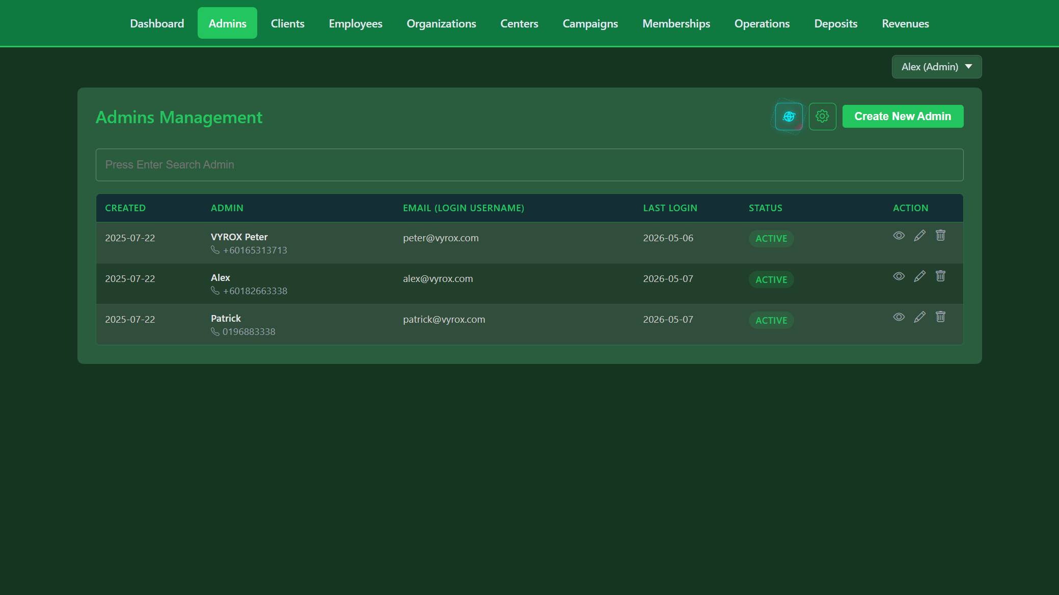Snooker King admin console - one-tap access to the Global Pulse live operations globe from the platform owner's dashboard