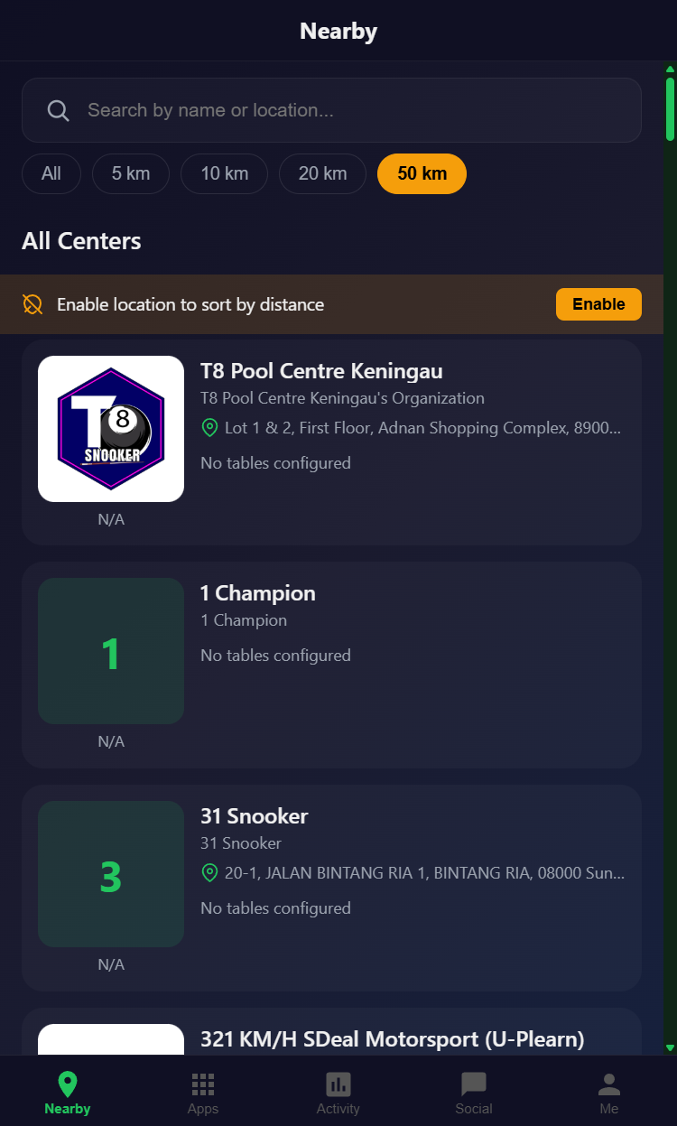 Snooker King member portal nearby centers - operators in the same network surfaced to members on mobile