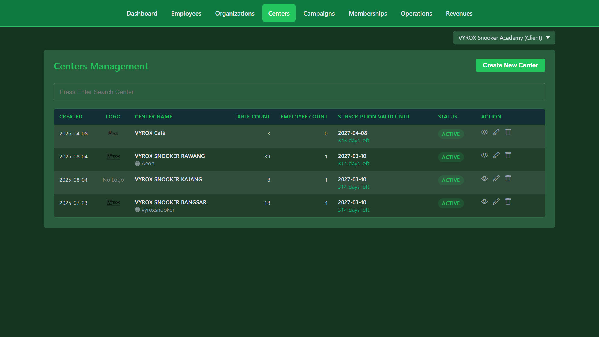 Snooker King multi-branch center console - 4 venues with logos, table counts, subscription validity at a glance