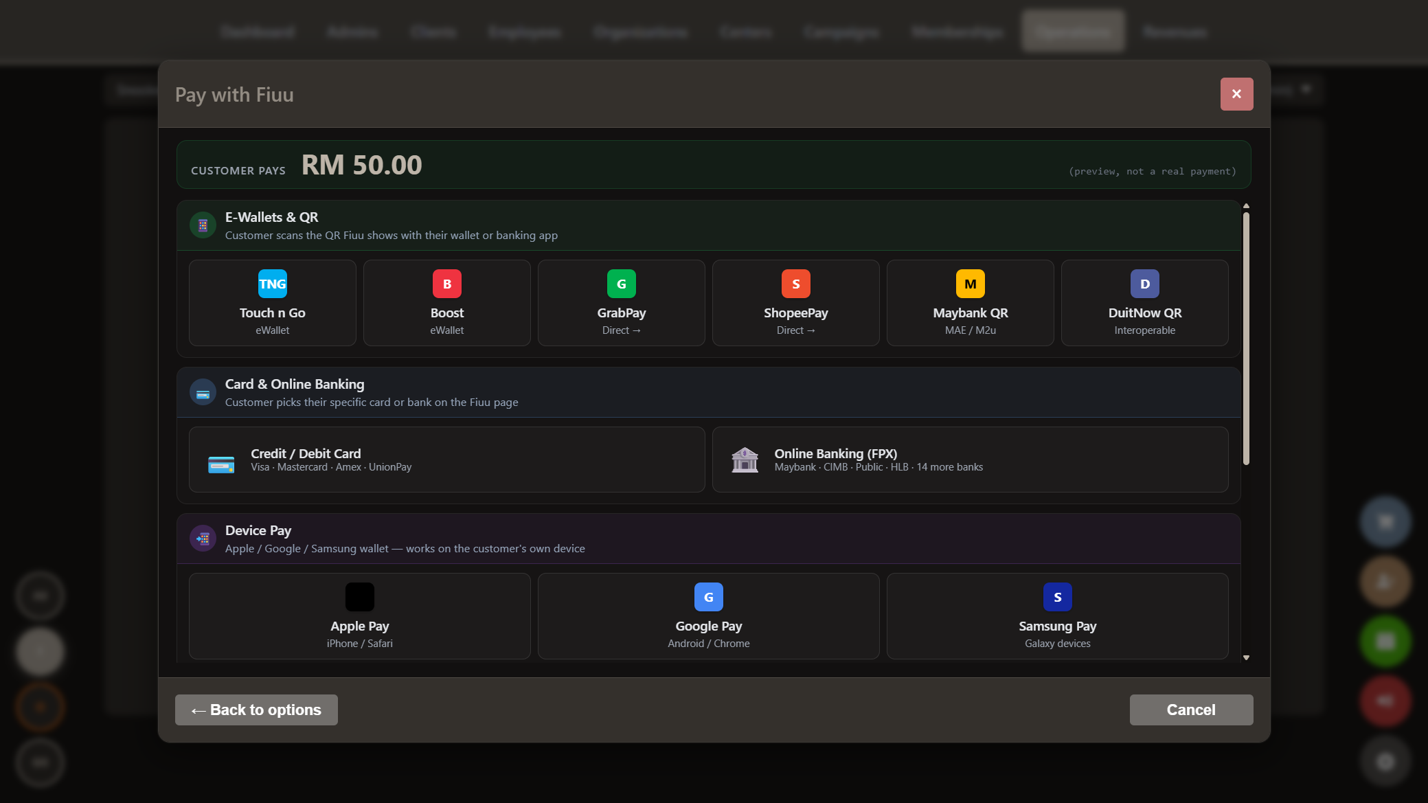 Snooker King Fiuu HPP channel grid - DuitNow QR, Touch n Go, Boost, GrabPay, ShopeePay, Maybank QR, card and FPX rails inside one checkout