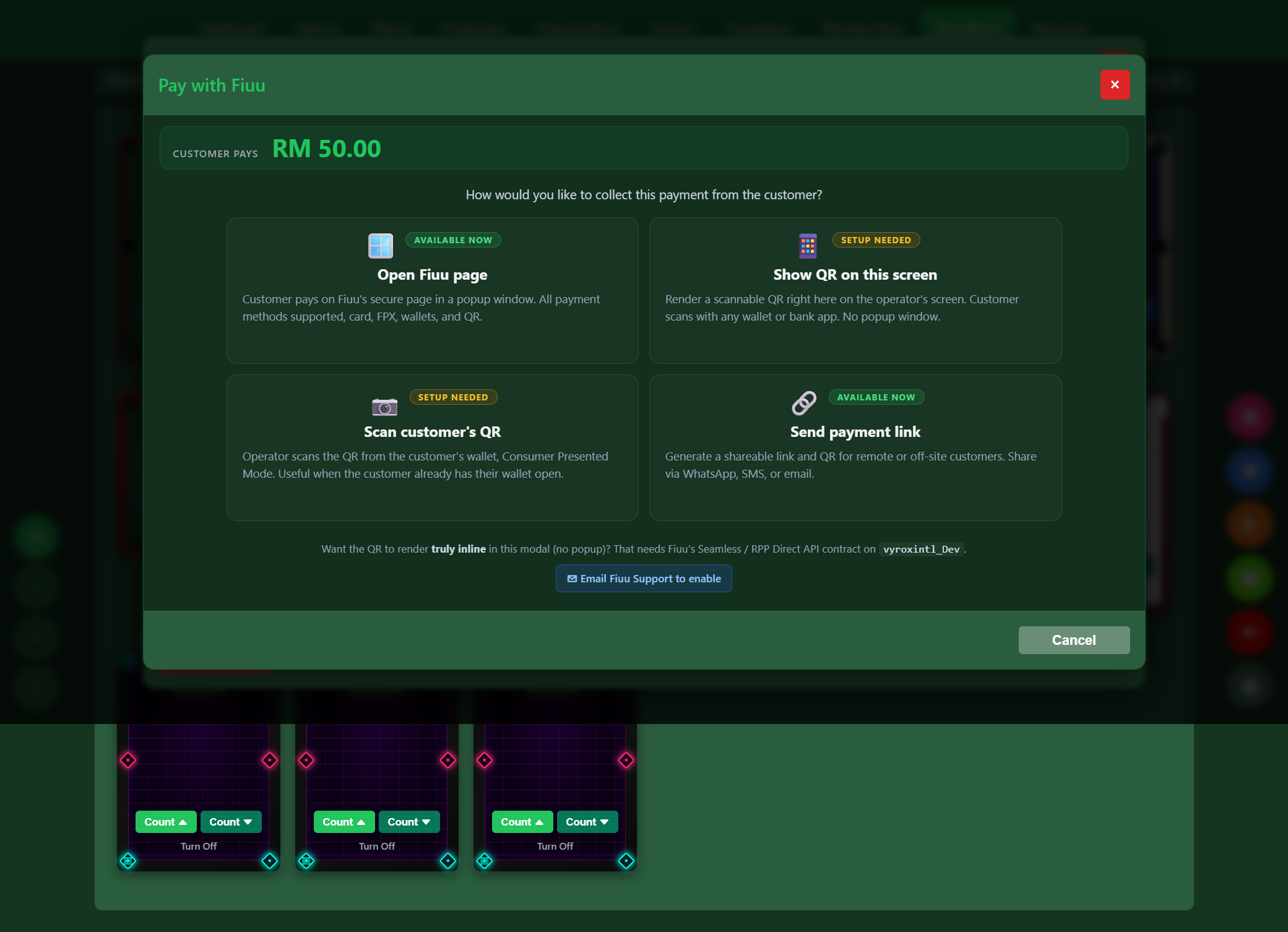 Snooker King Fiuu mode picker with capability-gating footnote - inline-QR + customer-QR scan require the Fiuu Seamless or OPA contract