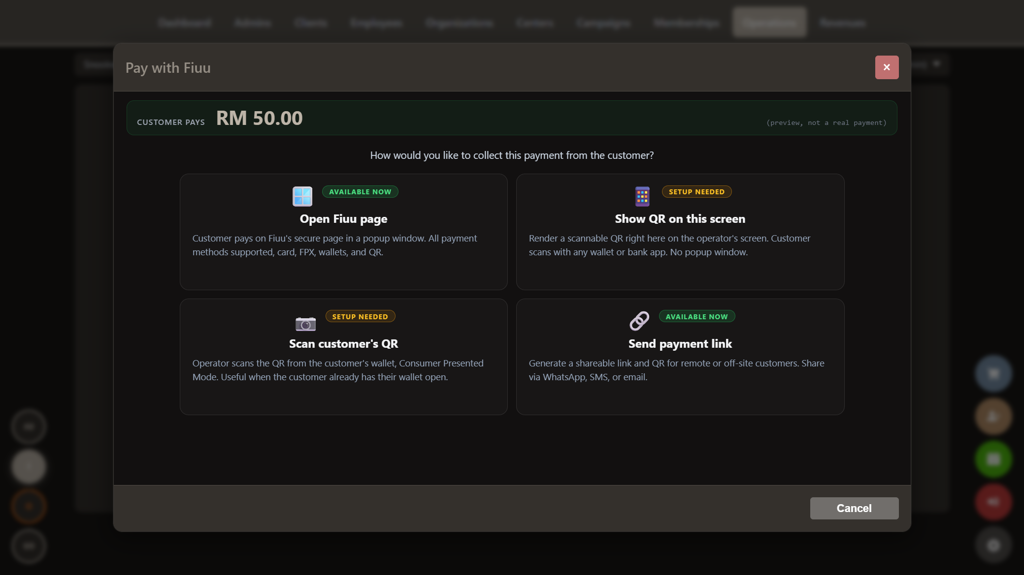 Snooker King Pay-with-Fiuu four-mode picker - Open Fiuu page available now, Show QR on screen, Scan customer QR, Send payment link
